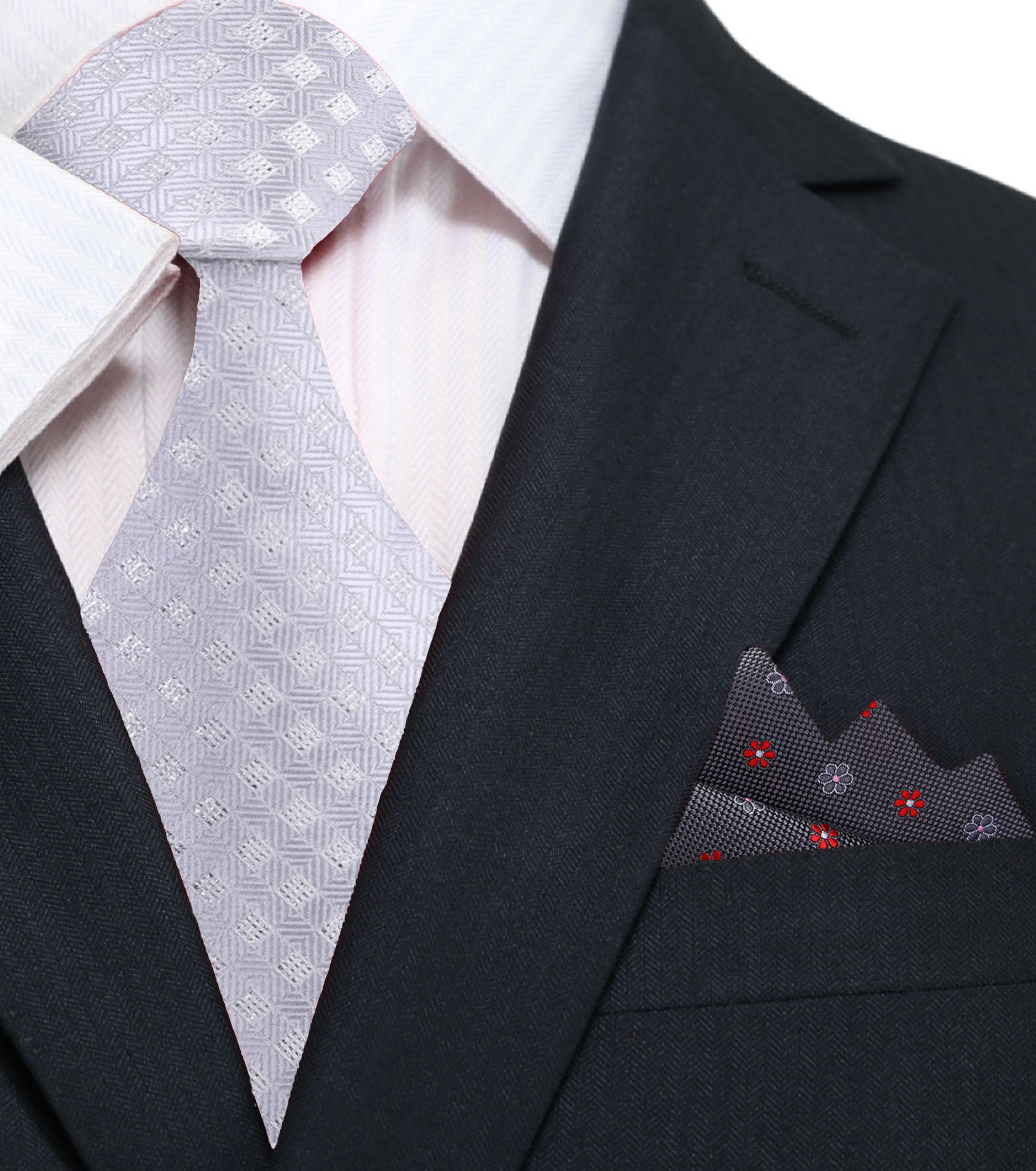 Close-up of shimmering platinum shimmer silver tie with geometric pattern