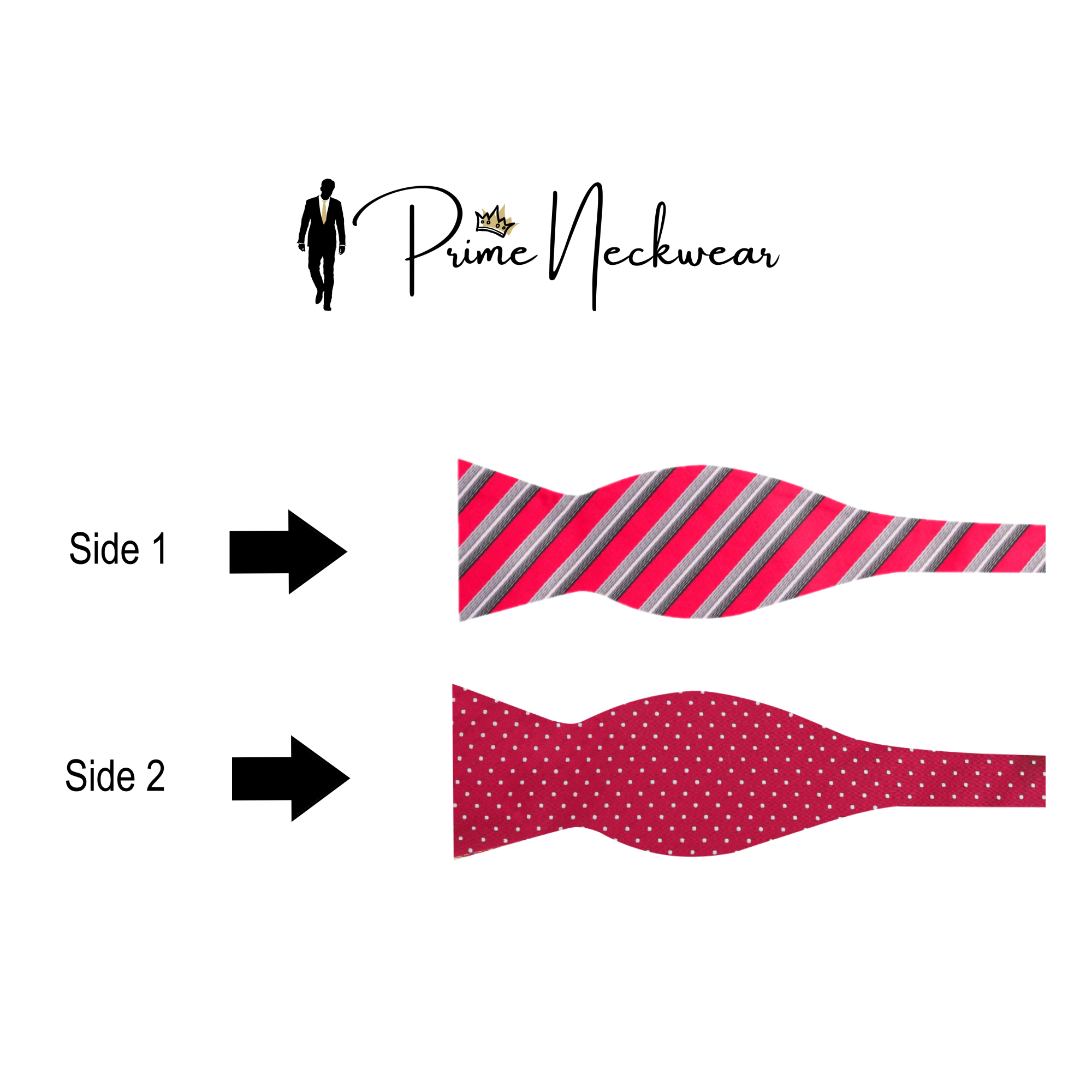 Pre-tied reversible bow tie displayed with matching pocket square, ideal for formal events.