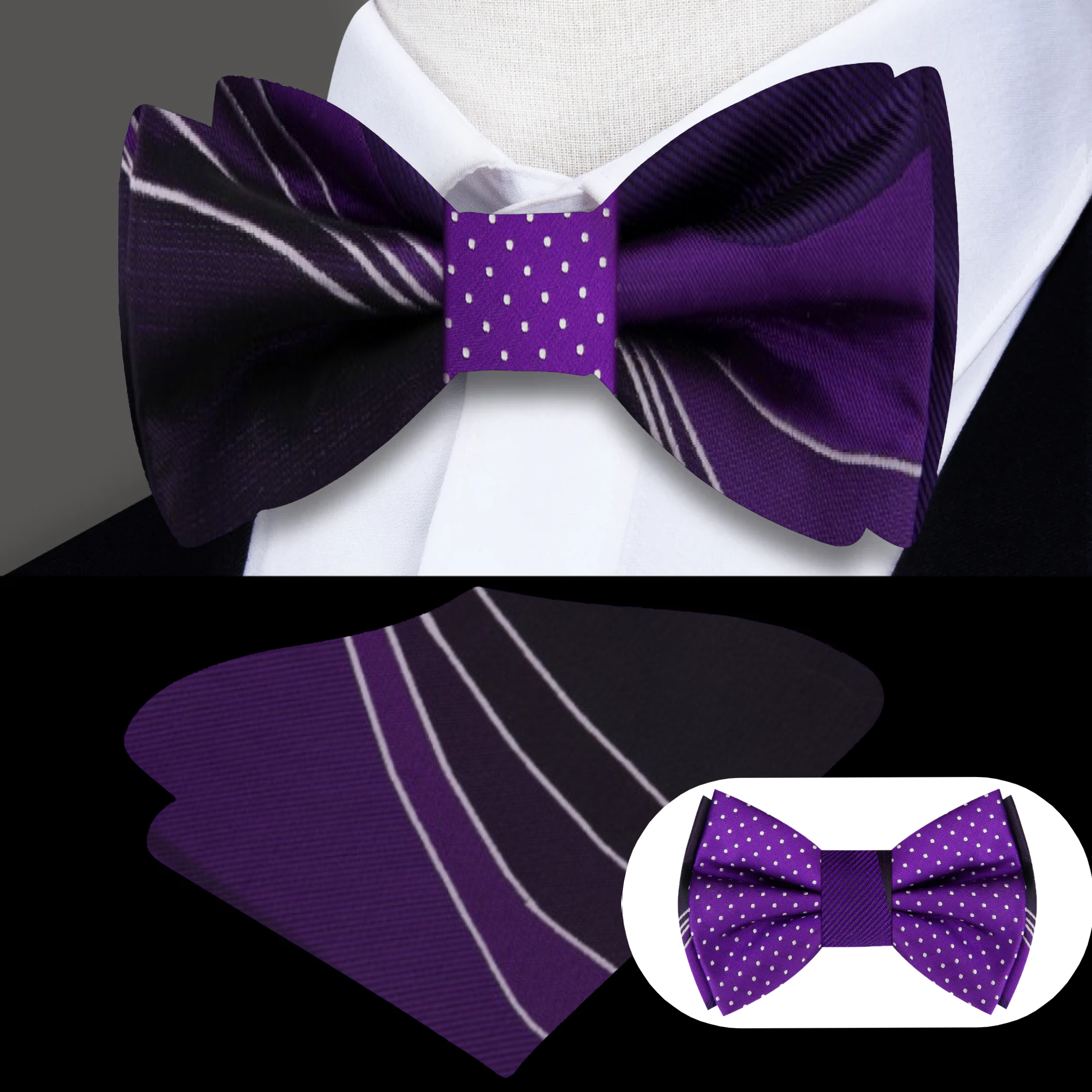 Close-up of mens reversible bow tie with abstract purple lines pattern