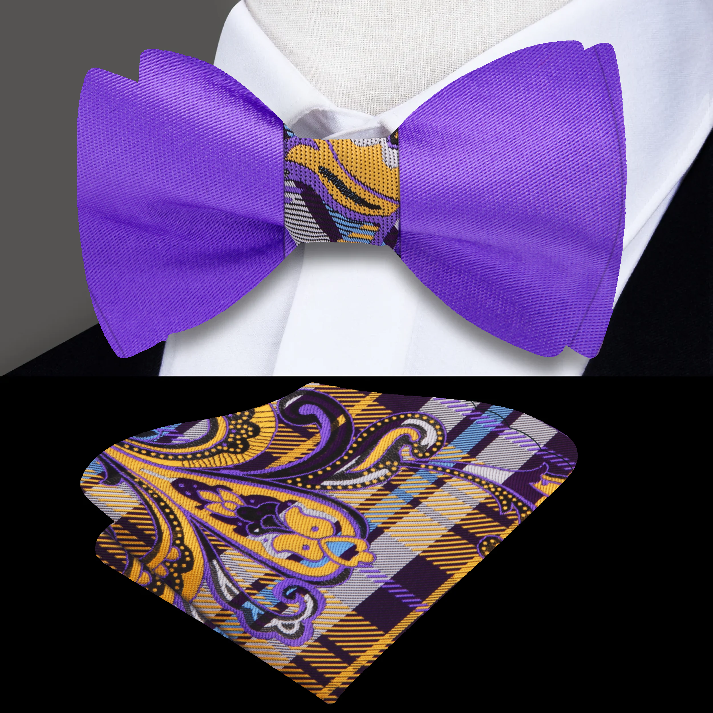 Close-up of dual-tone silk self-tie bow tie in purple and gold, styled with a white dress shirt