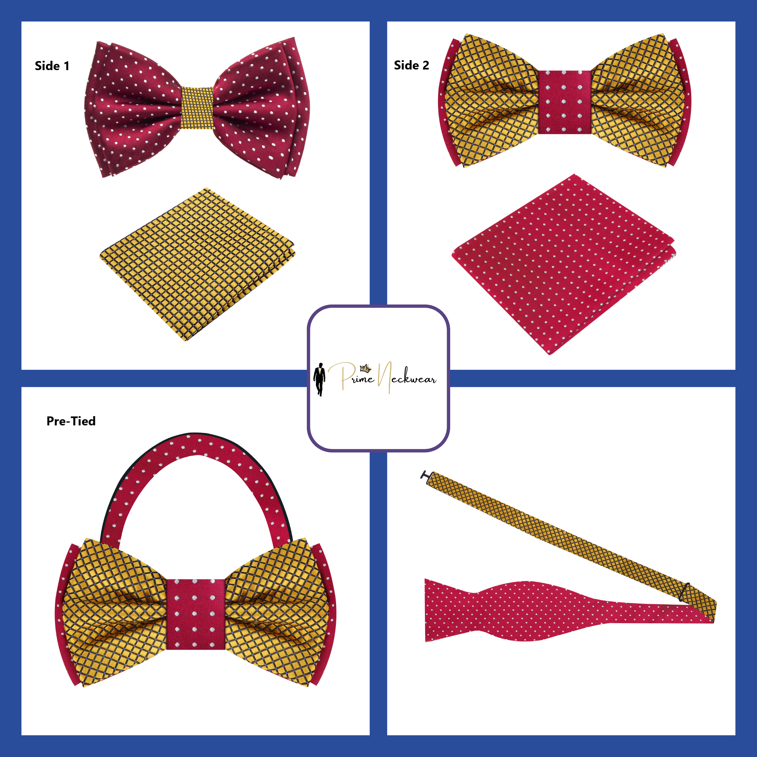 Reversible burgundy and gold bow tie displayed on a dress shirt, showcasing both sides