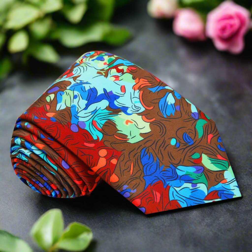 Vibrant silk tie with abstract pattern in earthy tones, ideal for weddings and formal occasions