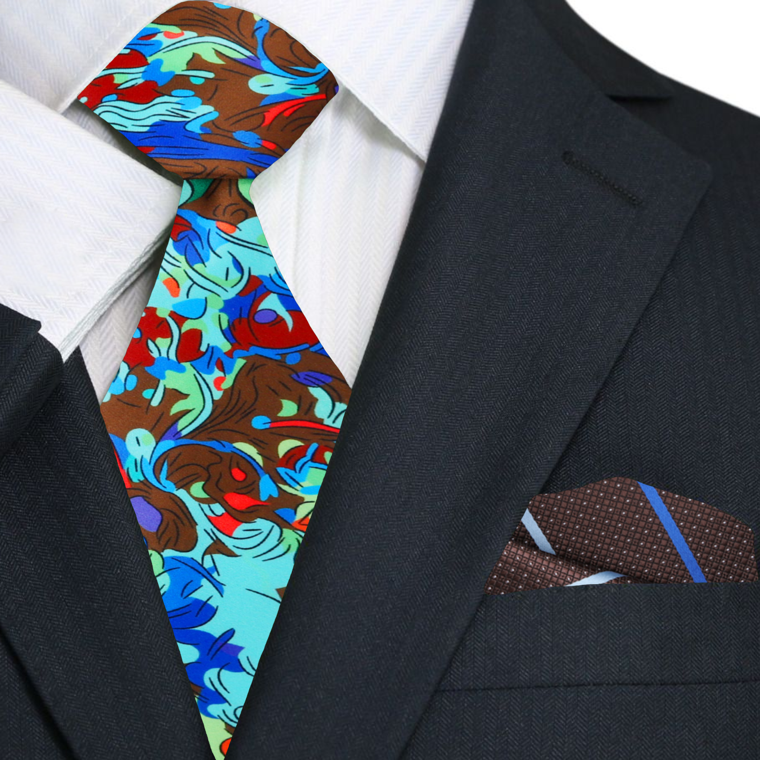Close-up of the colorful silk necktie showing detailed abstract design for stylish office wear