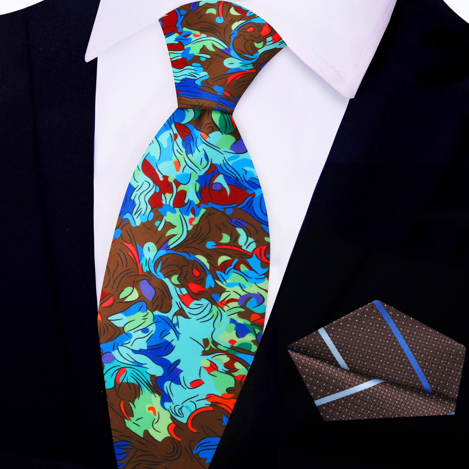Silk necktie styled with a navy suit, perfect for outdoor weddings or creative professional settings