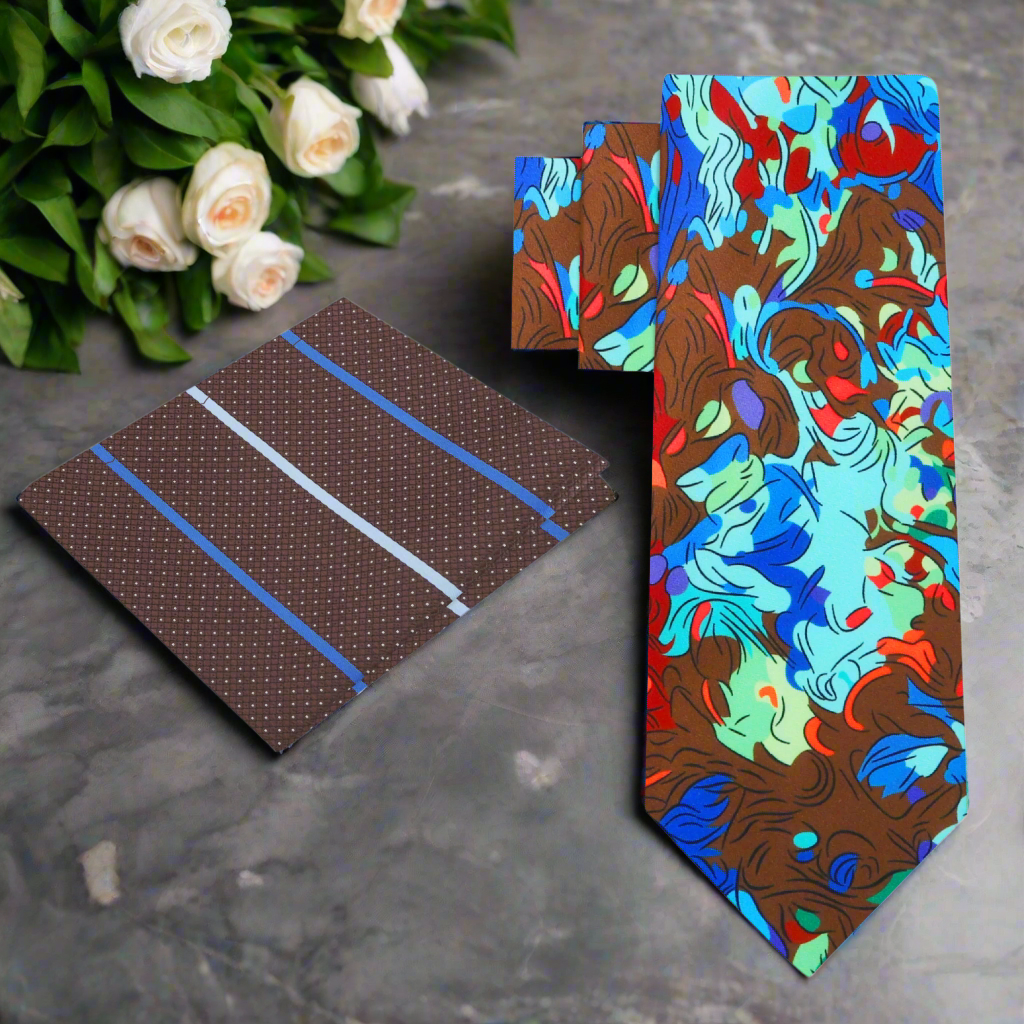 Close-up of the colorful silk necktie showing detailed abstract design for stylish office wear