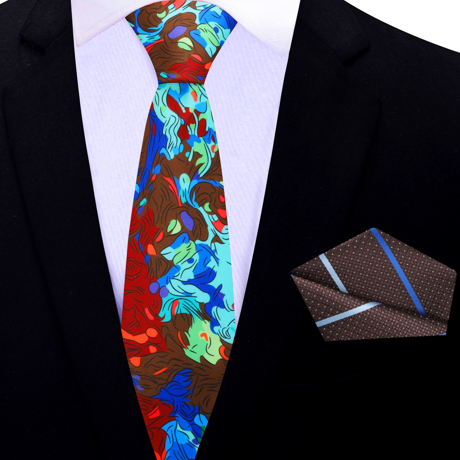 Vibrant silk tie with abstract pattern in earthy tones, ideal for weddings and formal occasions