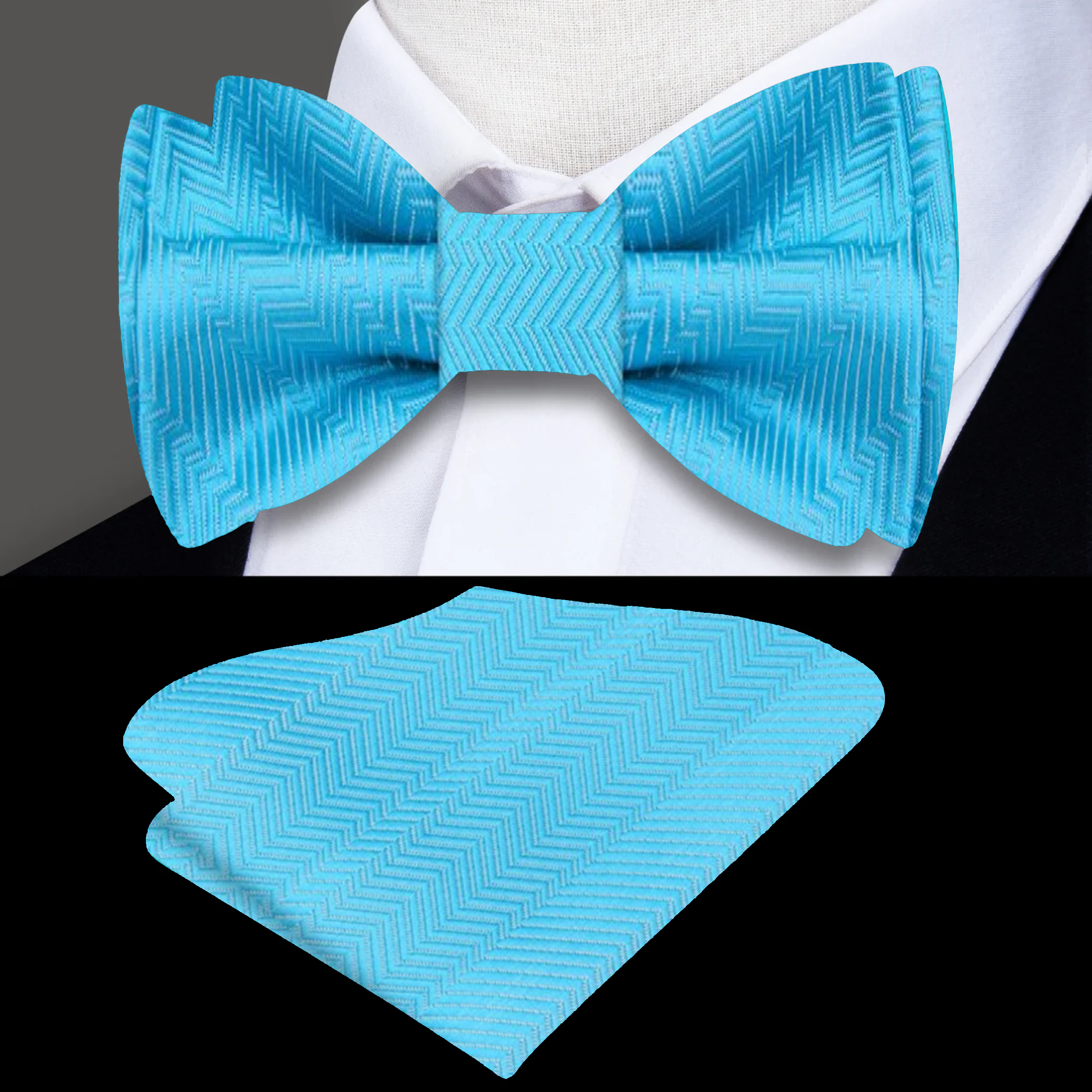 Close-up of herringbone bow tie texture in Persian Blue, ideal for formal wear