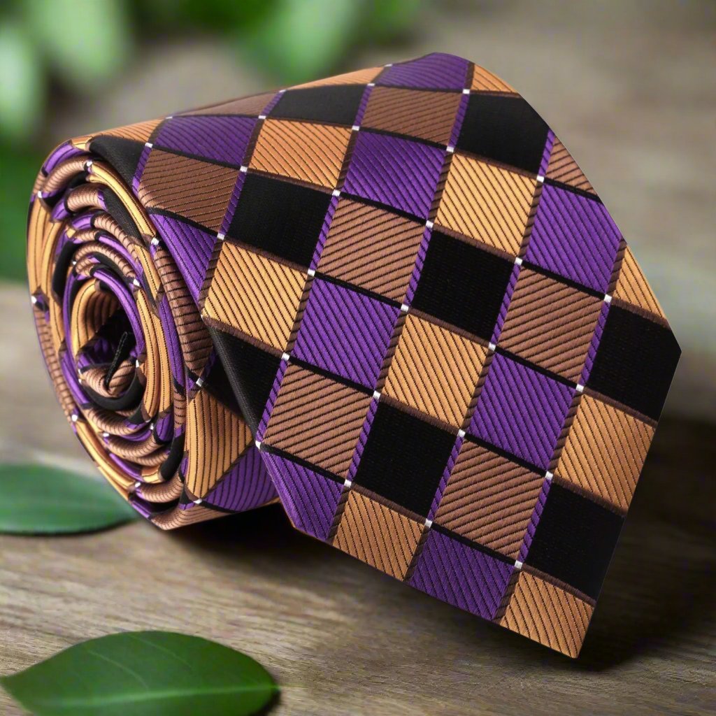Close-up of Velisandre silk tie showing geometric diamond pattern in gold, purple, and brown