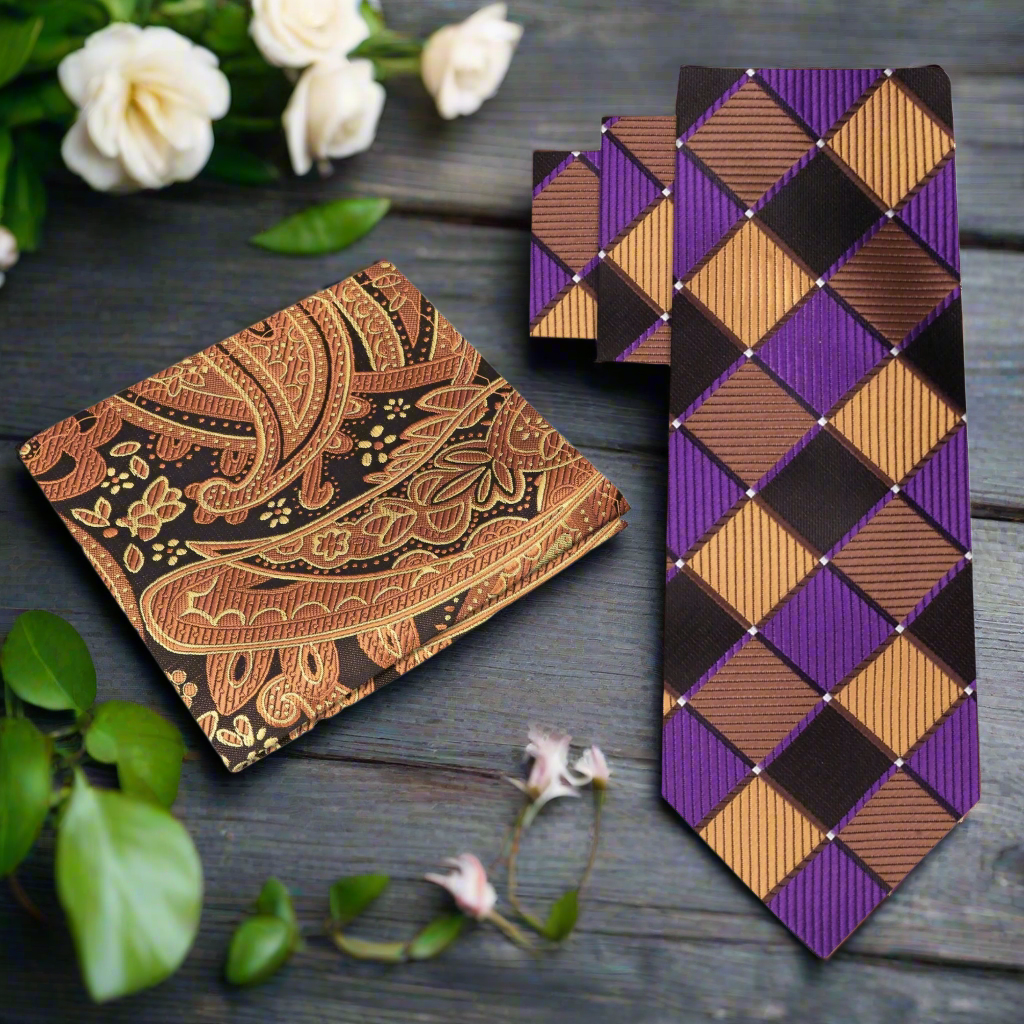 Pocket square and tie set laid flat, highlighting silk texture and coordinated design