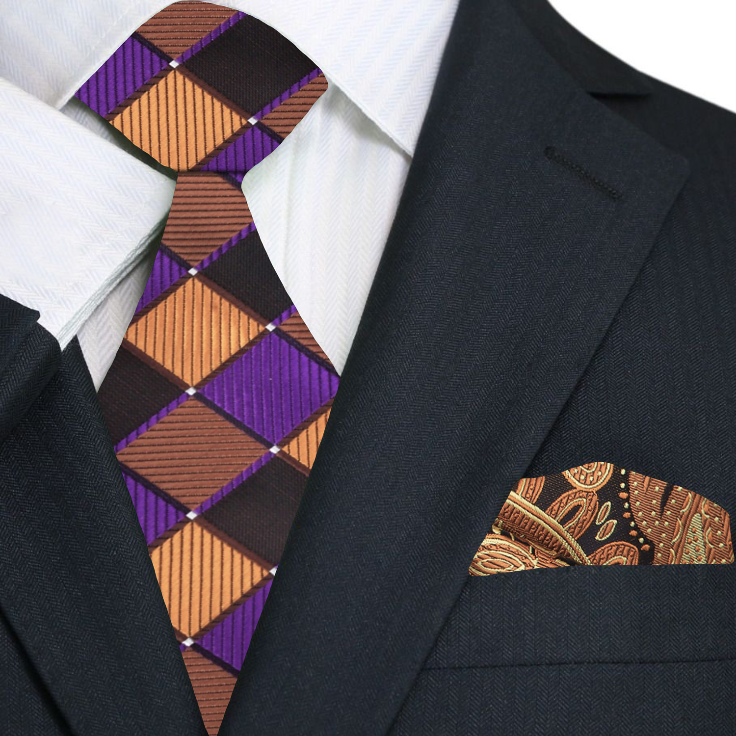 Velisandre necktie styled with a navy blue suit and ivory shirt for formal evening wear