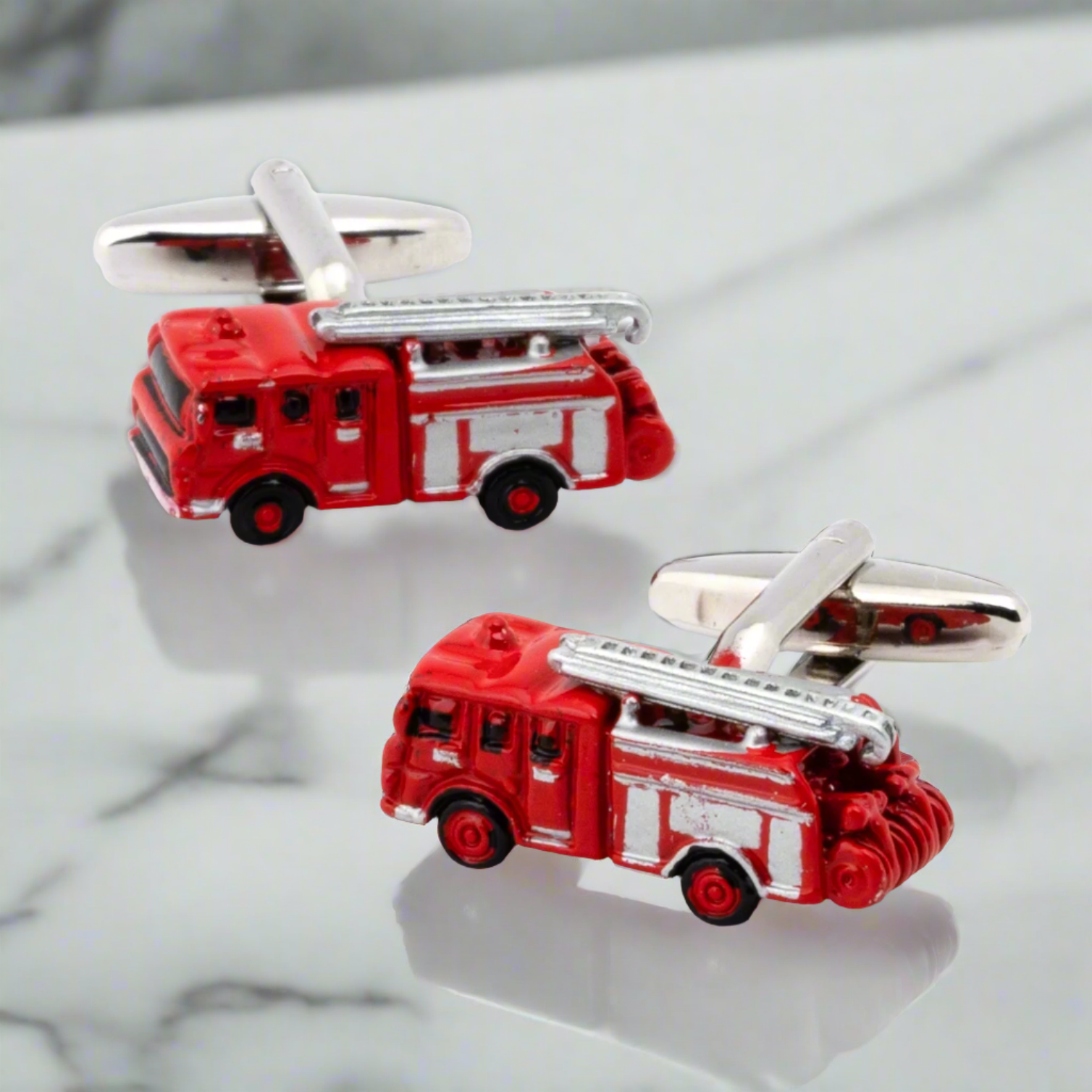 Children’s party outfit accessorized with fire truck cufflinks