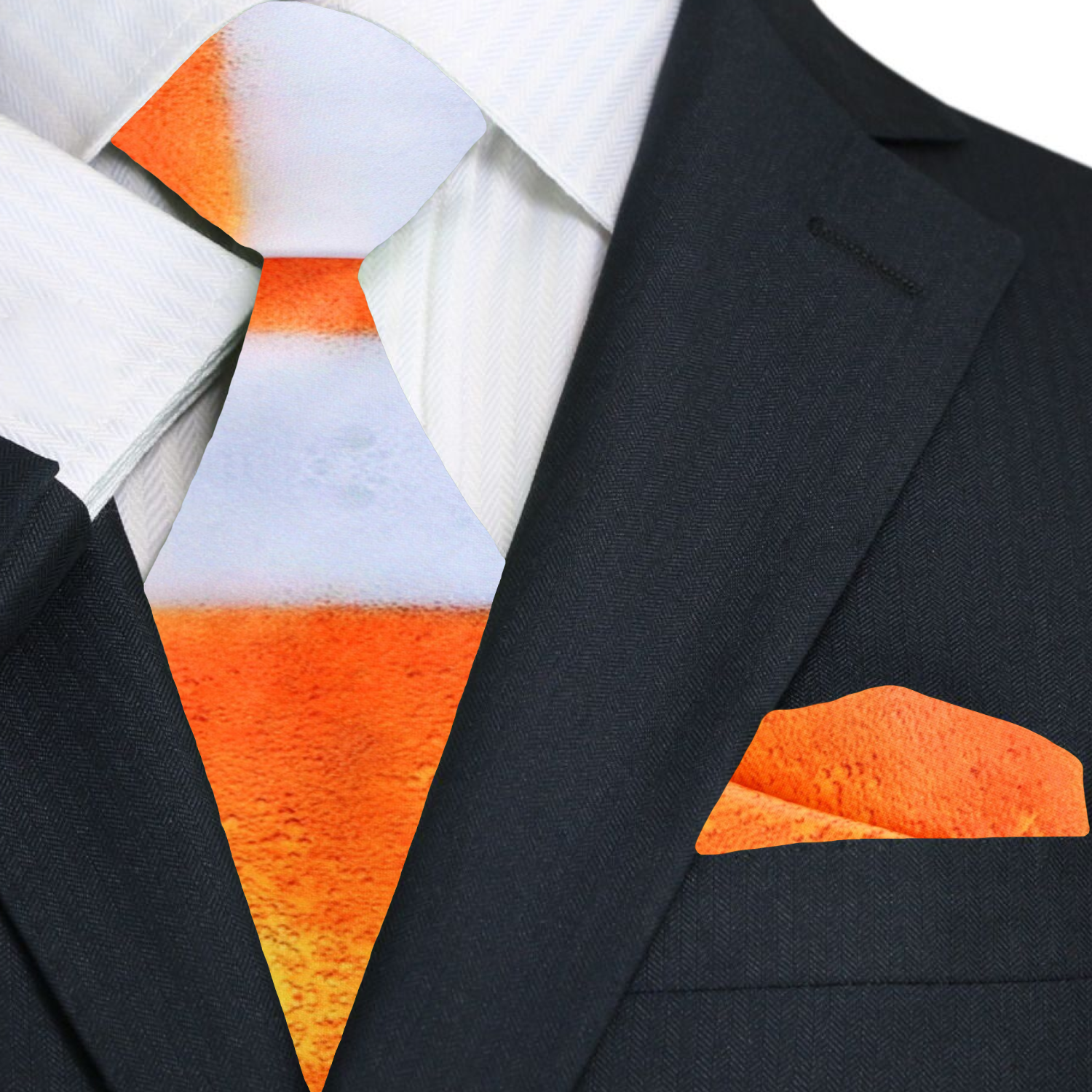 Unique beer themed necktie displayed with a white dress shirt and navy suit, showcasing its vibrant design.
