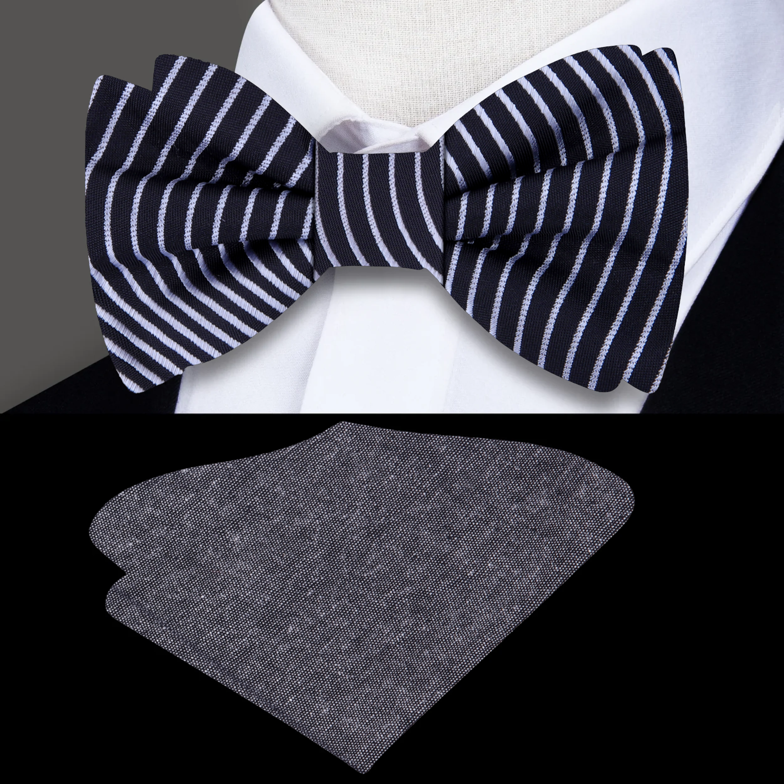 Celestial Elegance bow tie paired with a white dress shirt and charcoal suit, ideal for formal events.