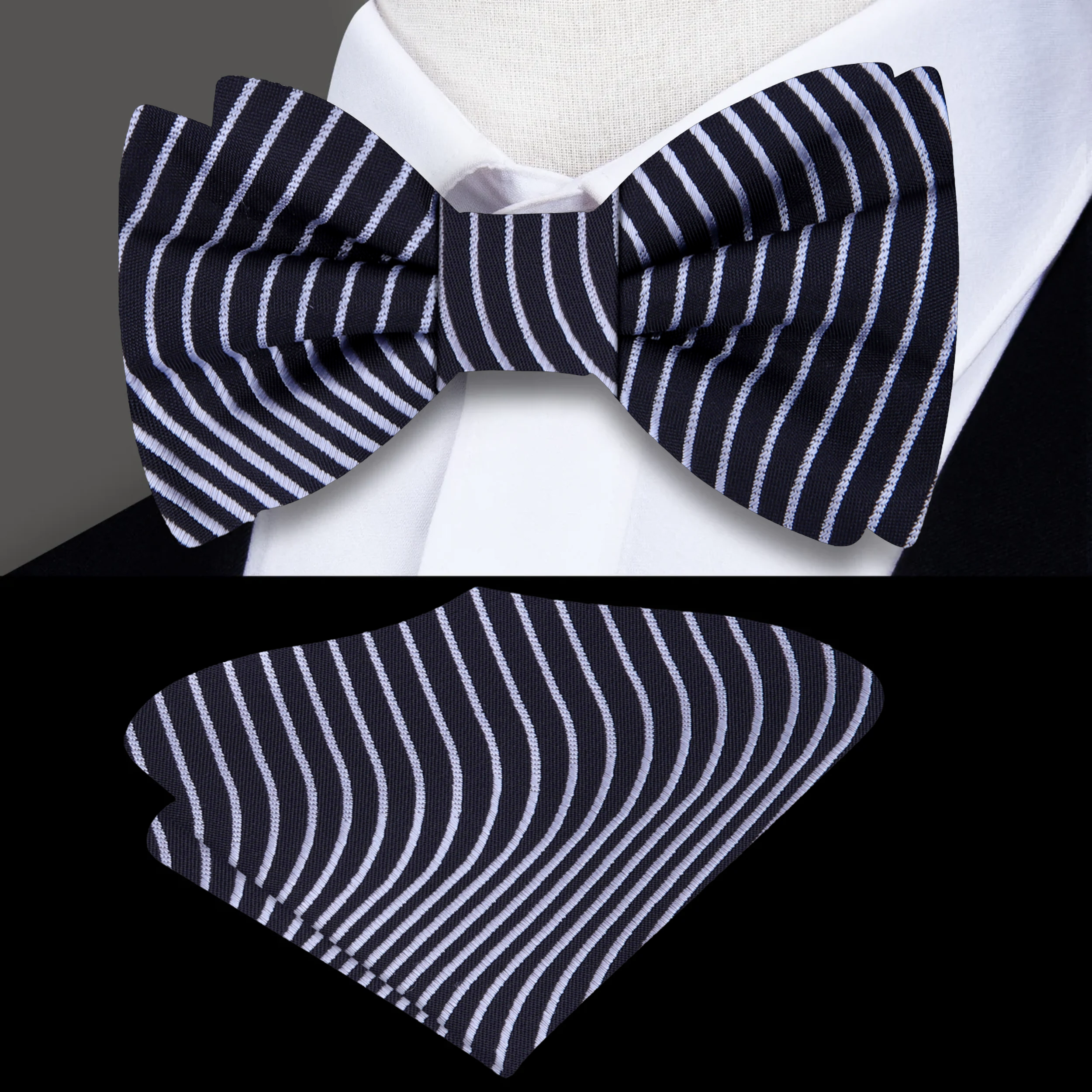 Celestial Elegance bow tie displayed on a tailored suit, showcasing its exquisite silk texture and pattern.