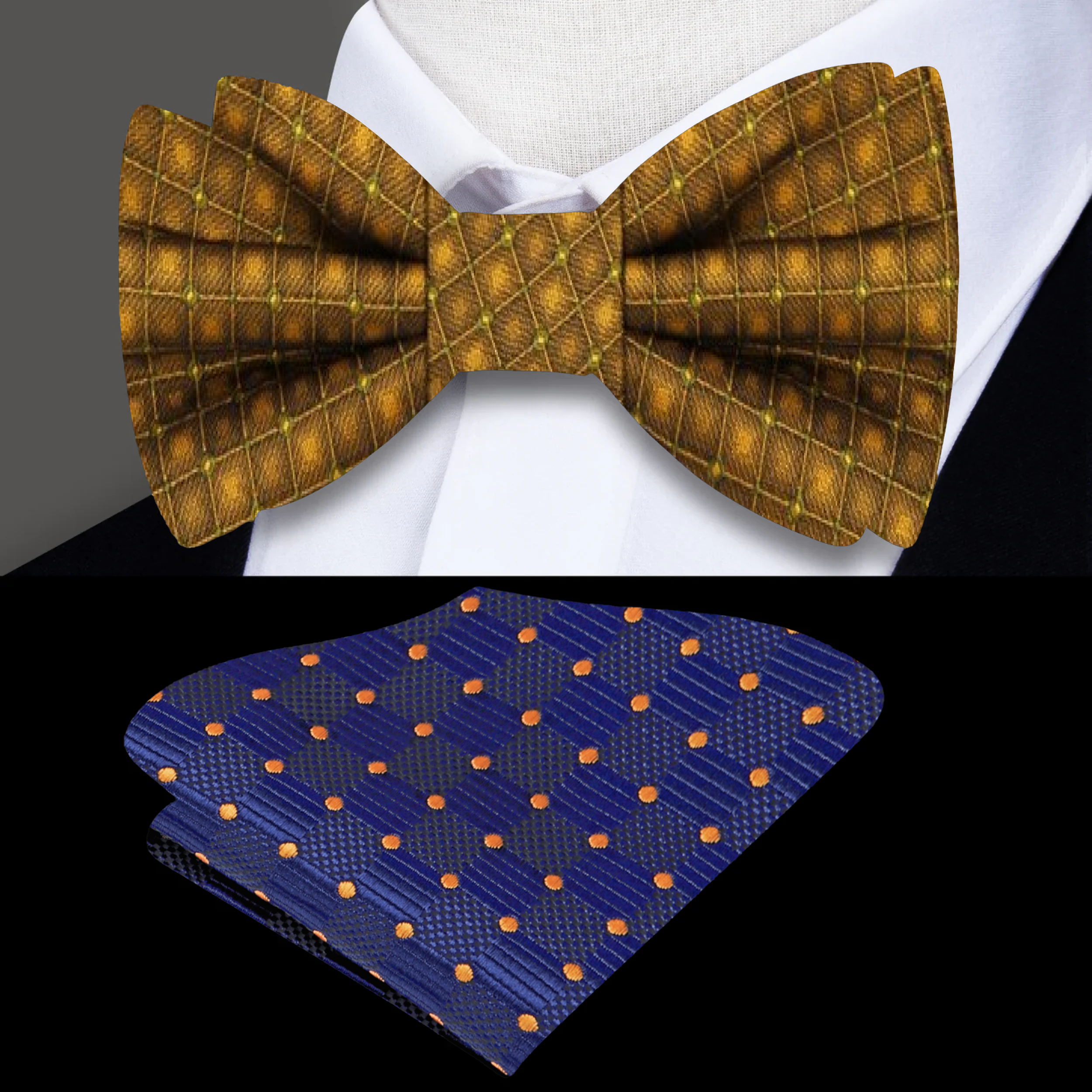 Golden brown geometric bow tie on a white shirt, showcasing its stylish design.