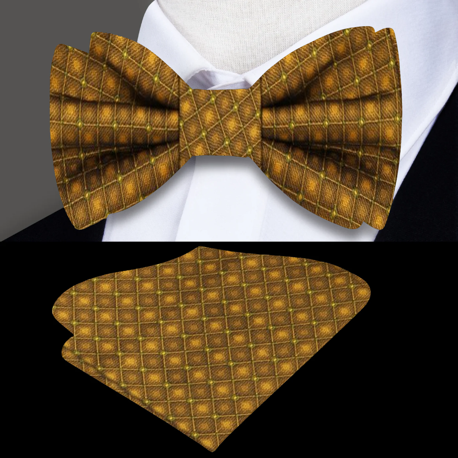 Geometric bow tie with matching pocket square set, perfect for formal occasions.