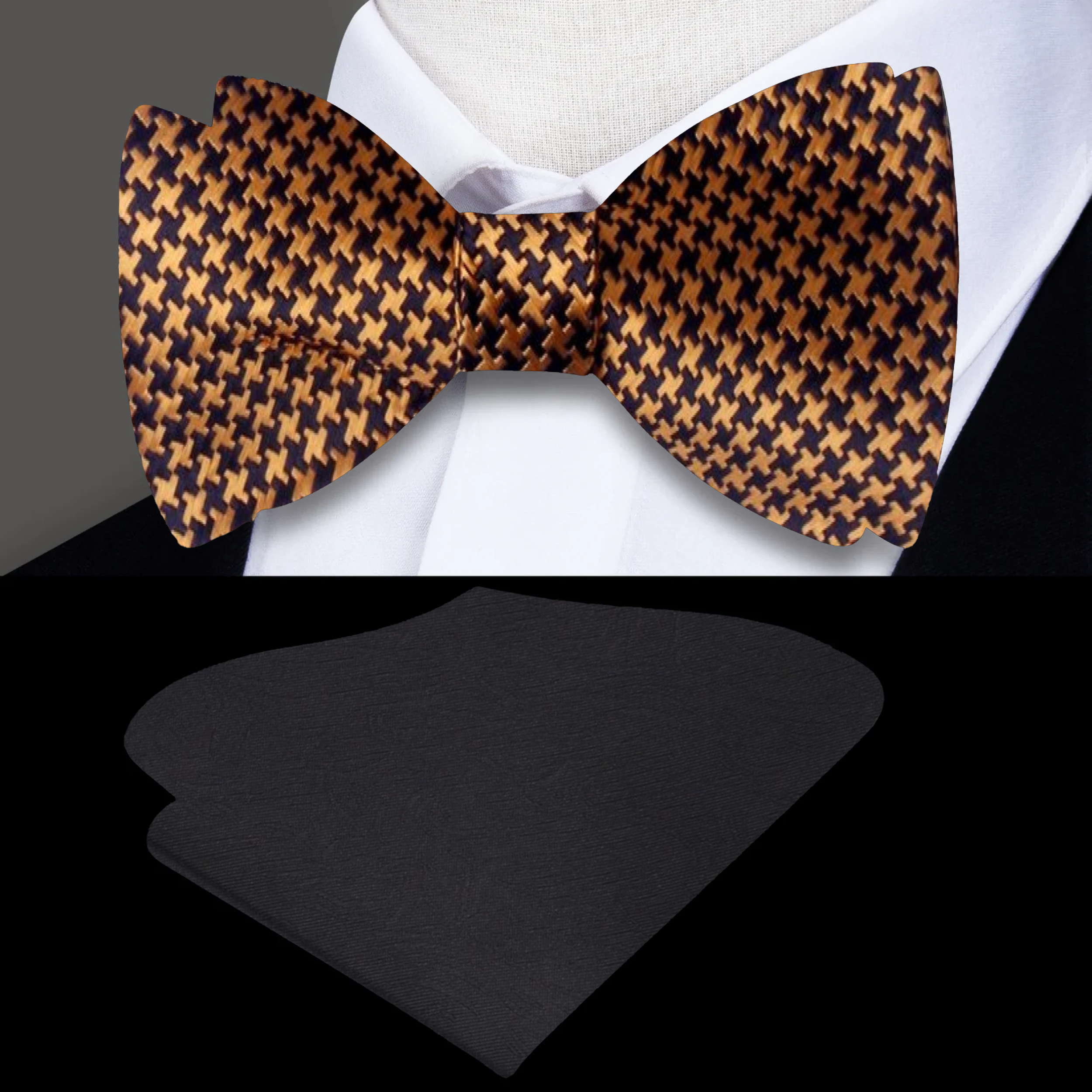 Close-up of a red houndstooth silk bow tie on a dress shirt for formal events