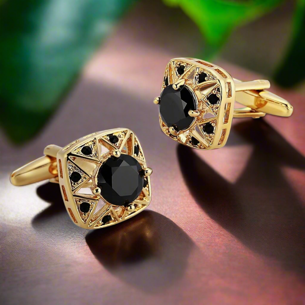 Mens cufflinks with a sleek chrome finish and sparkling stones, ideal for weddings