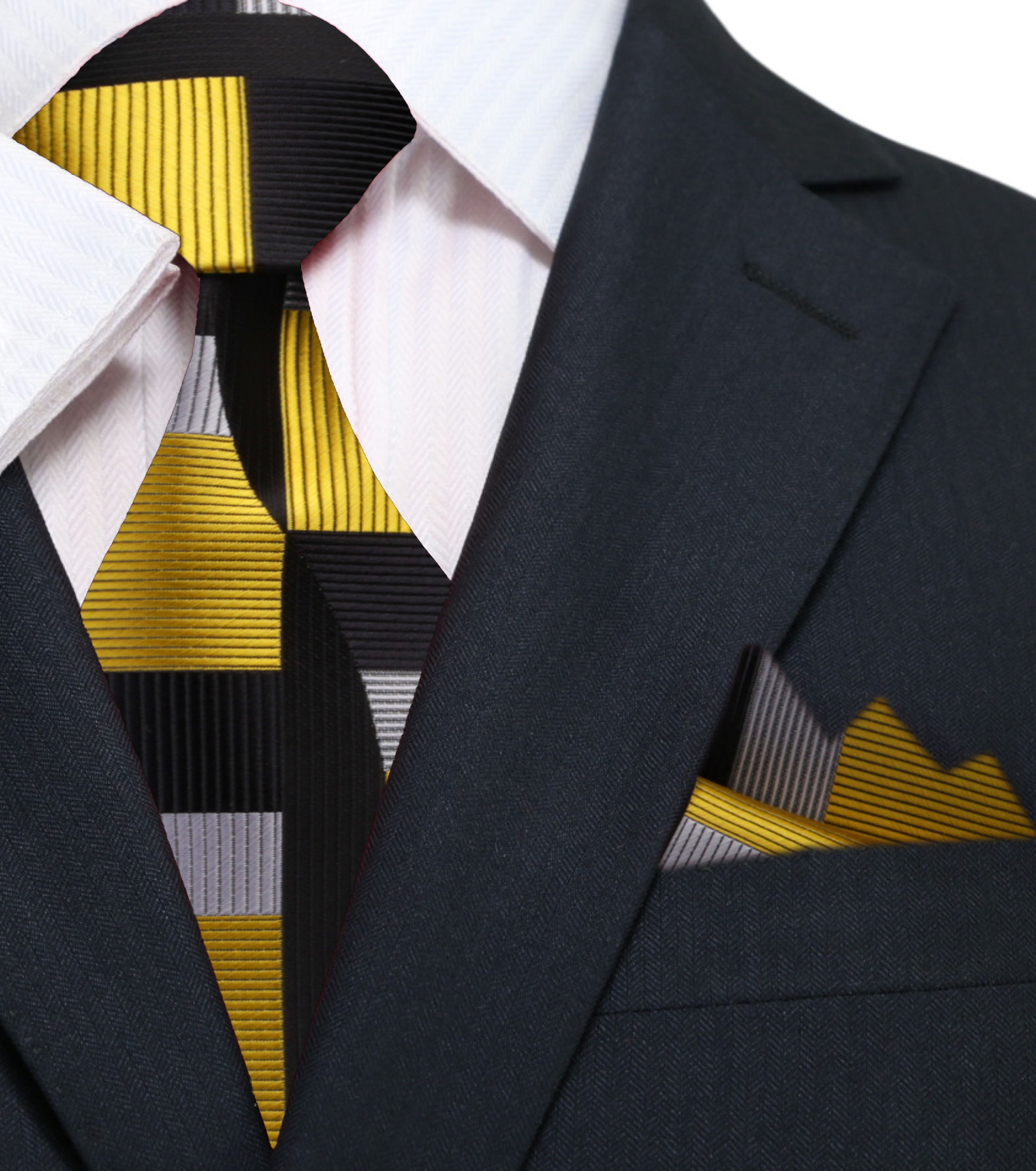 Men wearing stylish geometric patterned tie at art gallery event