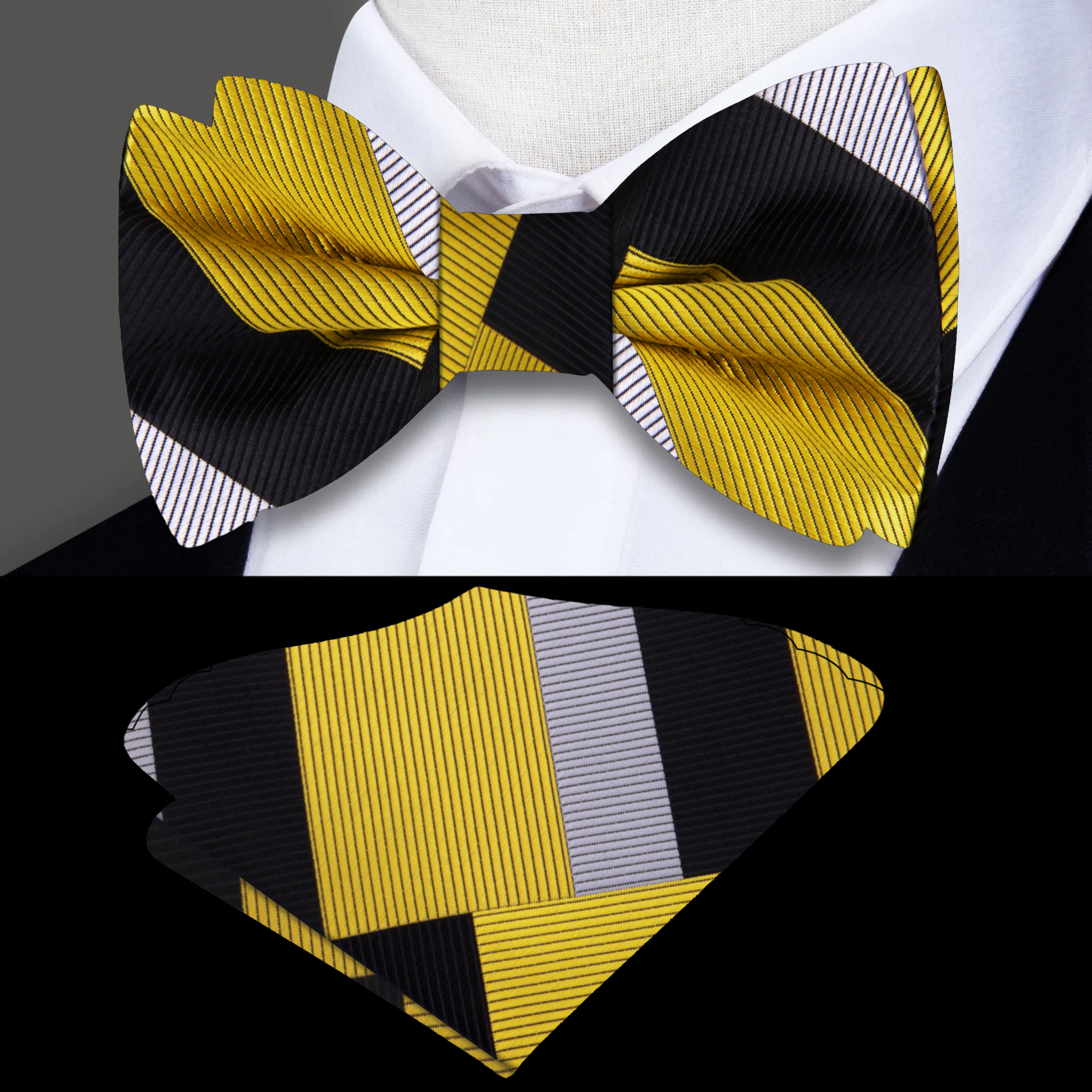 Close-up of the Westcott Prism Silk Bow Tie showing its abstract geometric pattern in multicolored silk