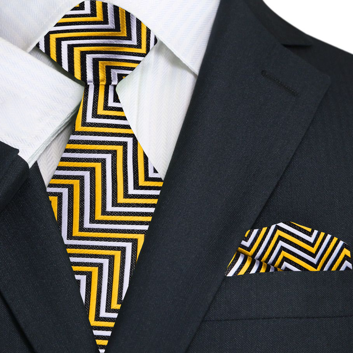 Model wearing the silk herringbone tie paired with a crisp white shirt for a wedding or business event