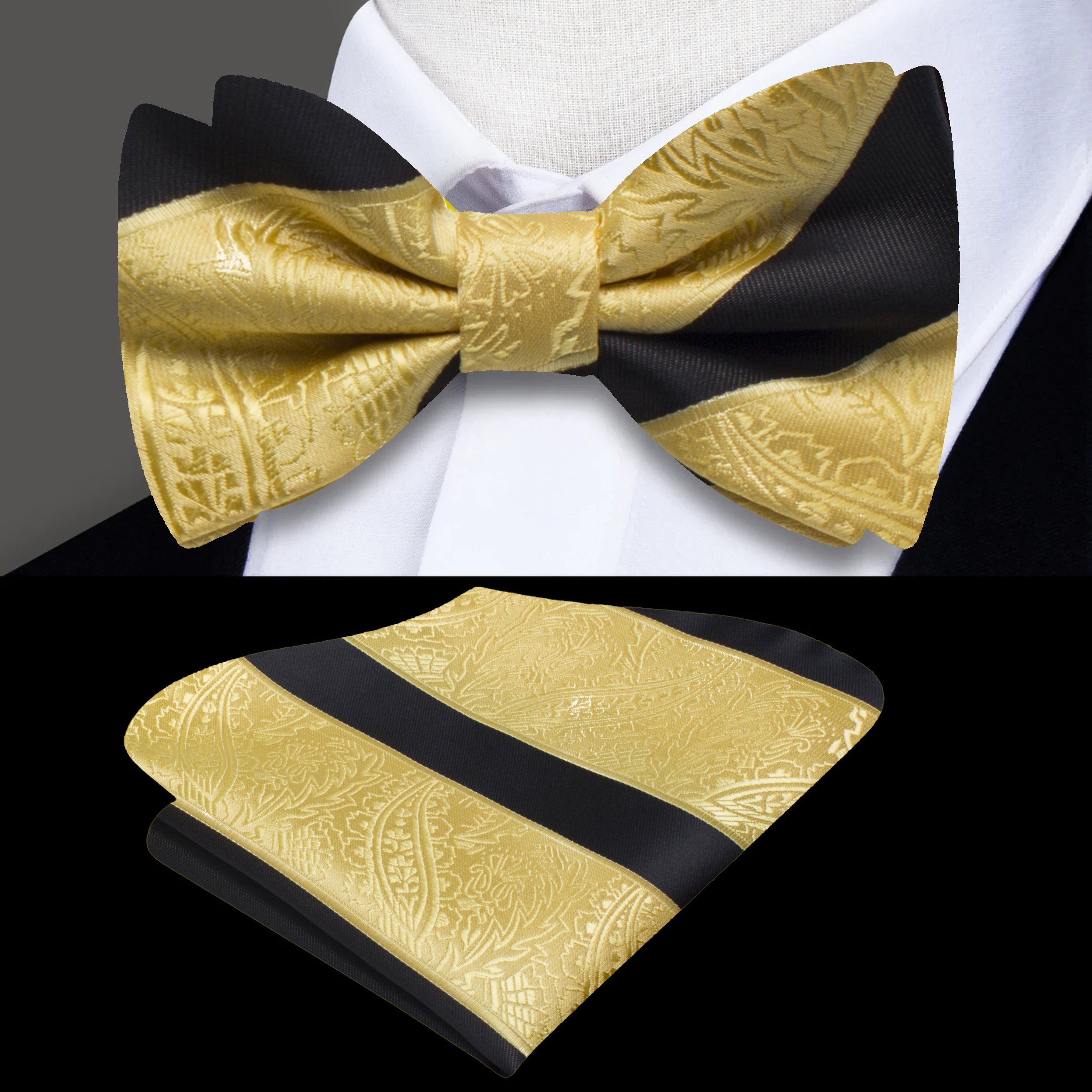 Elegant black and gold bow tie with paisley and stripe patterns, worn at an evening wedding.