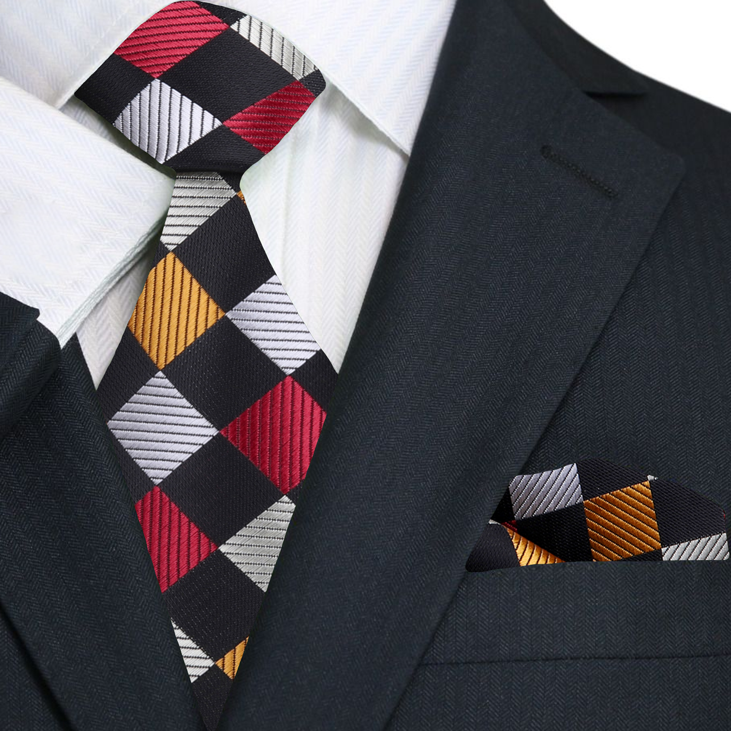 Man in a suit wearing a luxury geometric necktie for a wedding or formal event