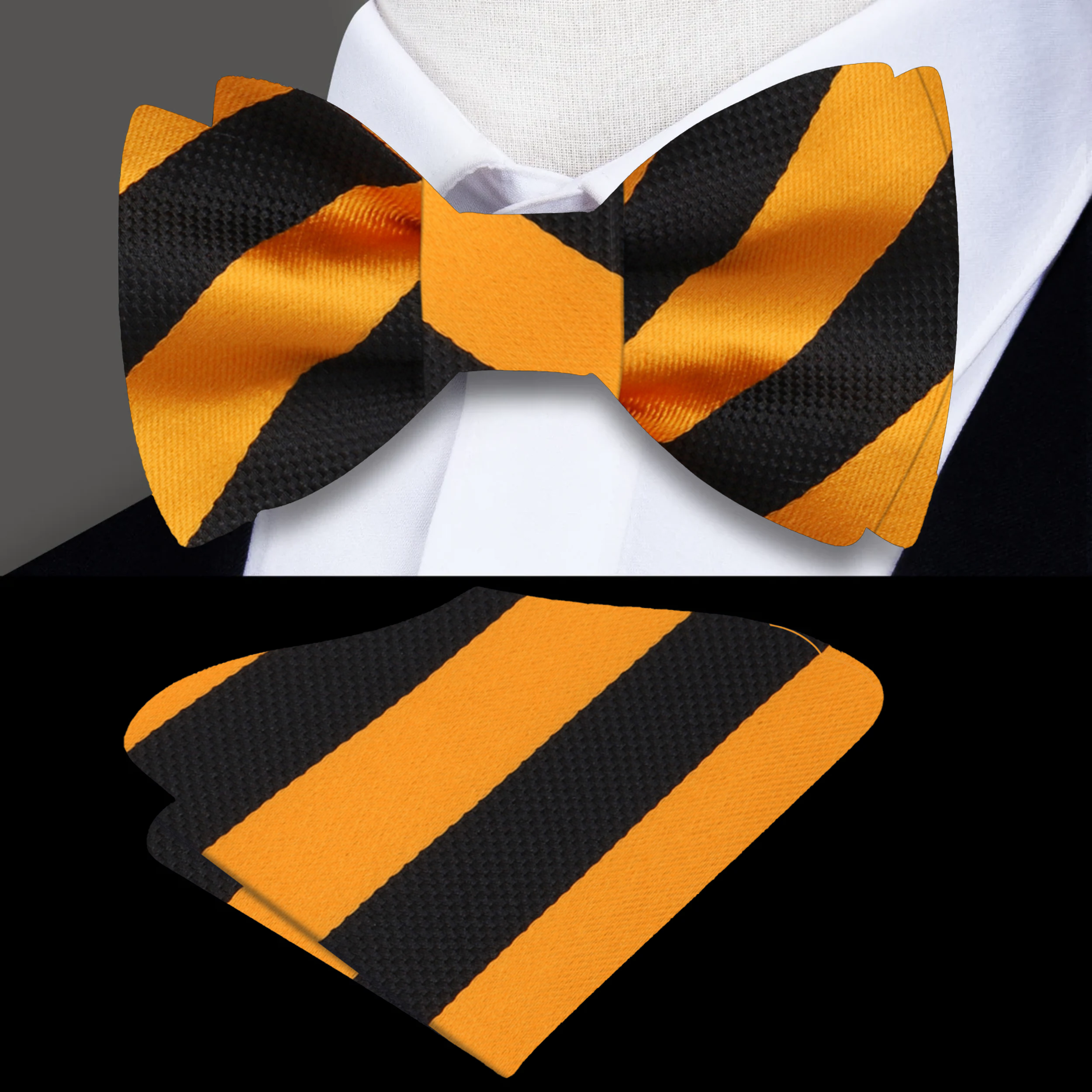 Elegant man at a gallery opening wearing a navy and white stripe bow tie, adding personality to his outfit.
