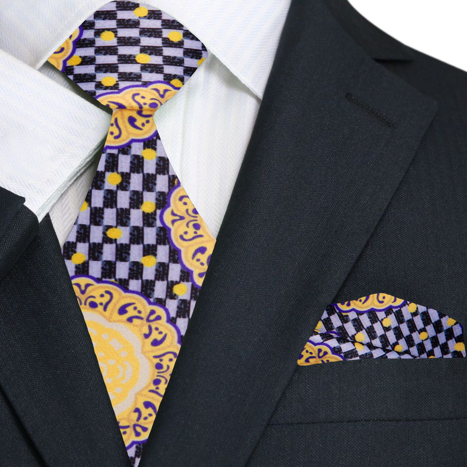 Stylish pocket square matching the Elegant Shield silk tie in Purple.