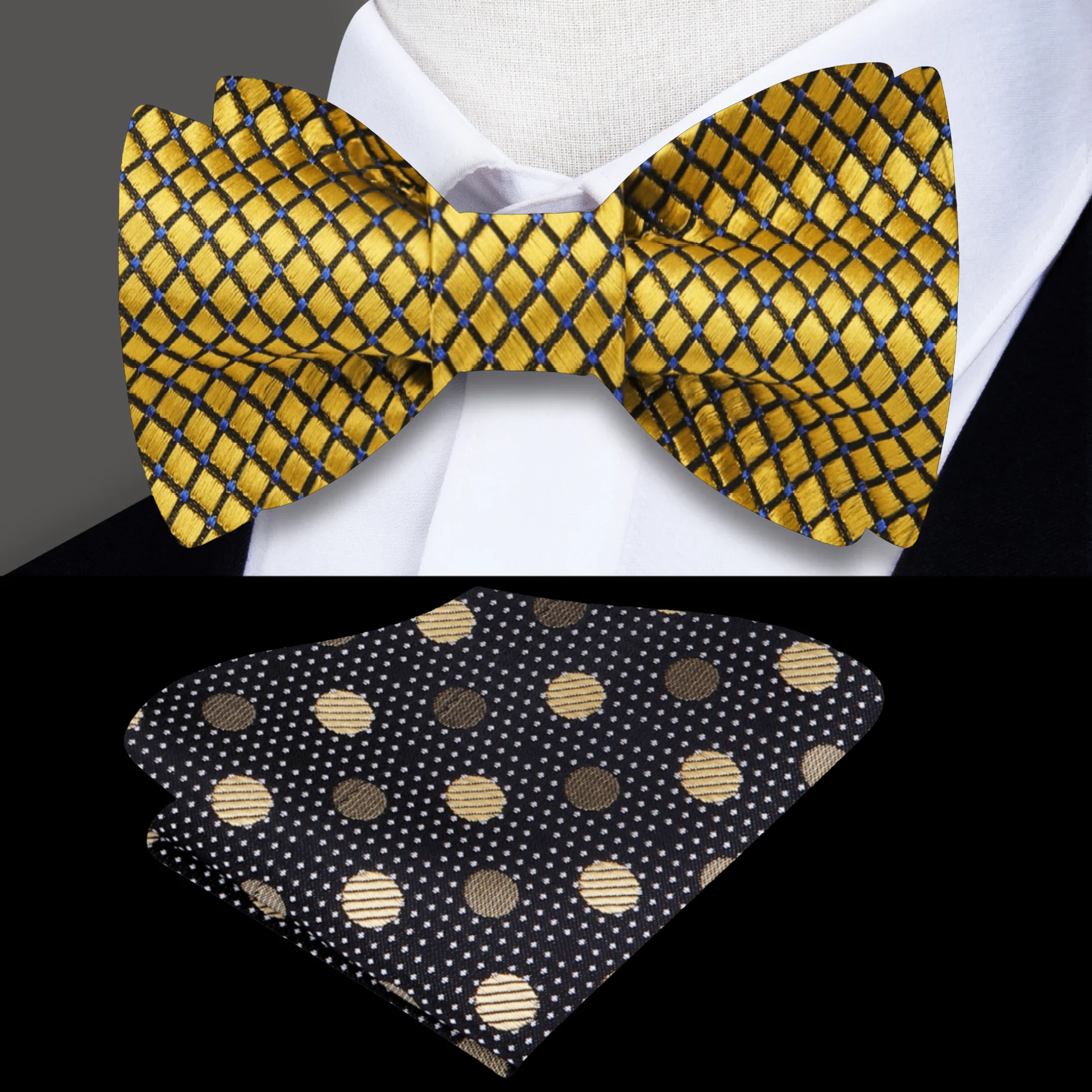 Elegant silk bow tie with small check pattern in gold and blue dots, ideal for weddings