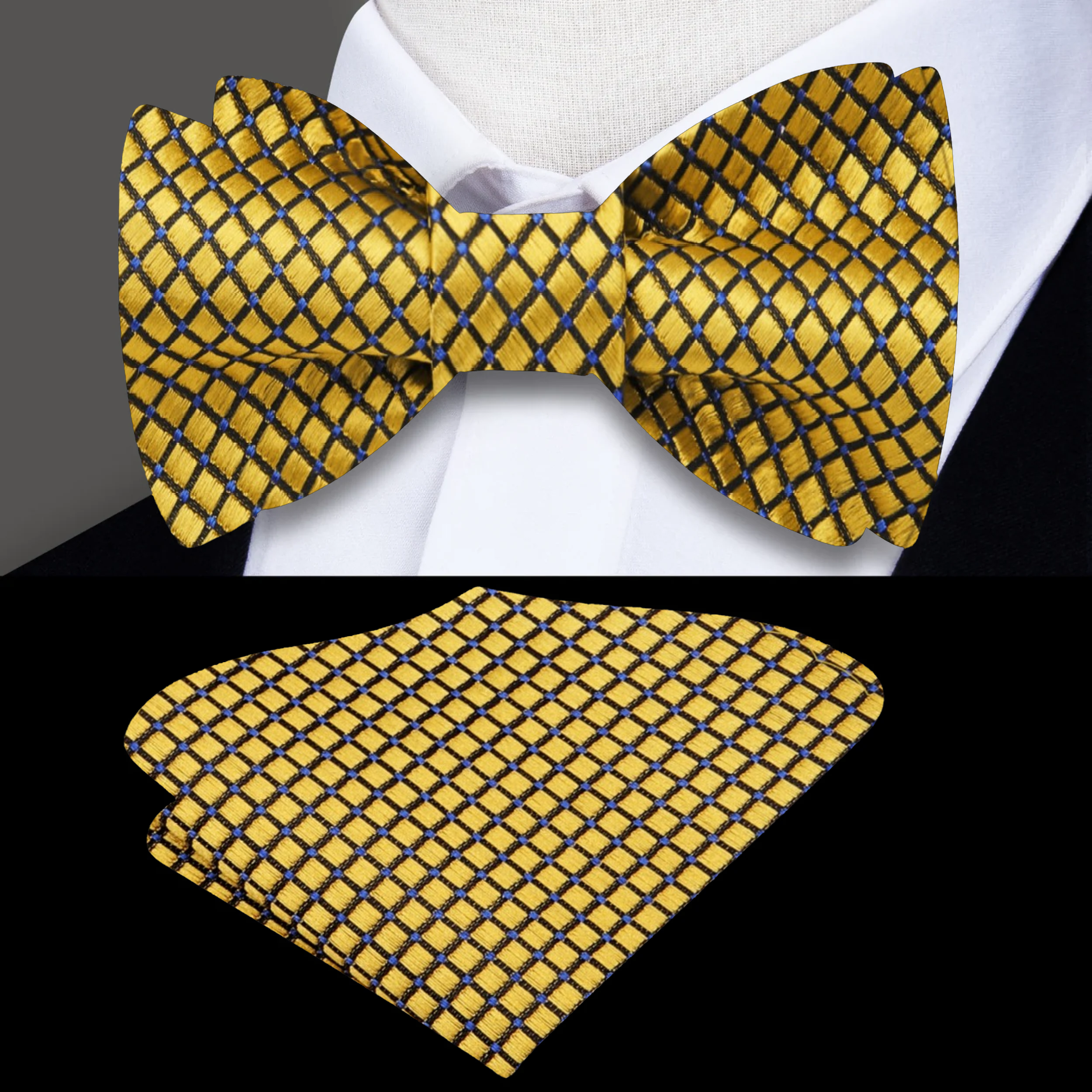 Man adjusting a pre-tied bow tie in a formal setting, showcasing the intricate check pattern