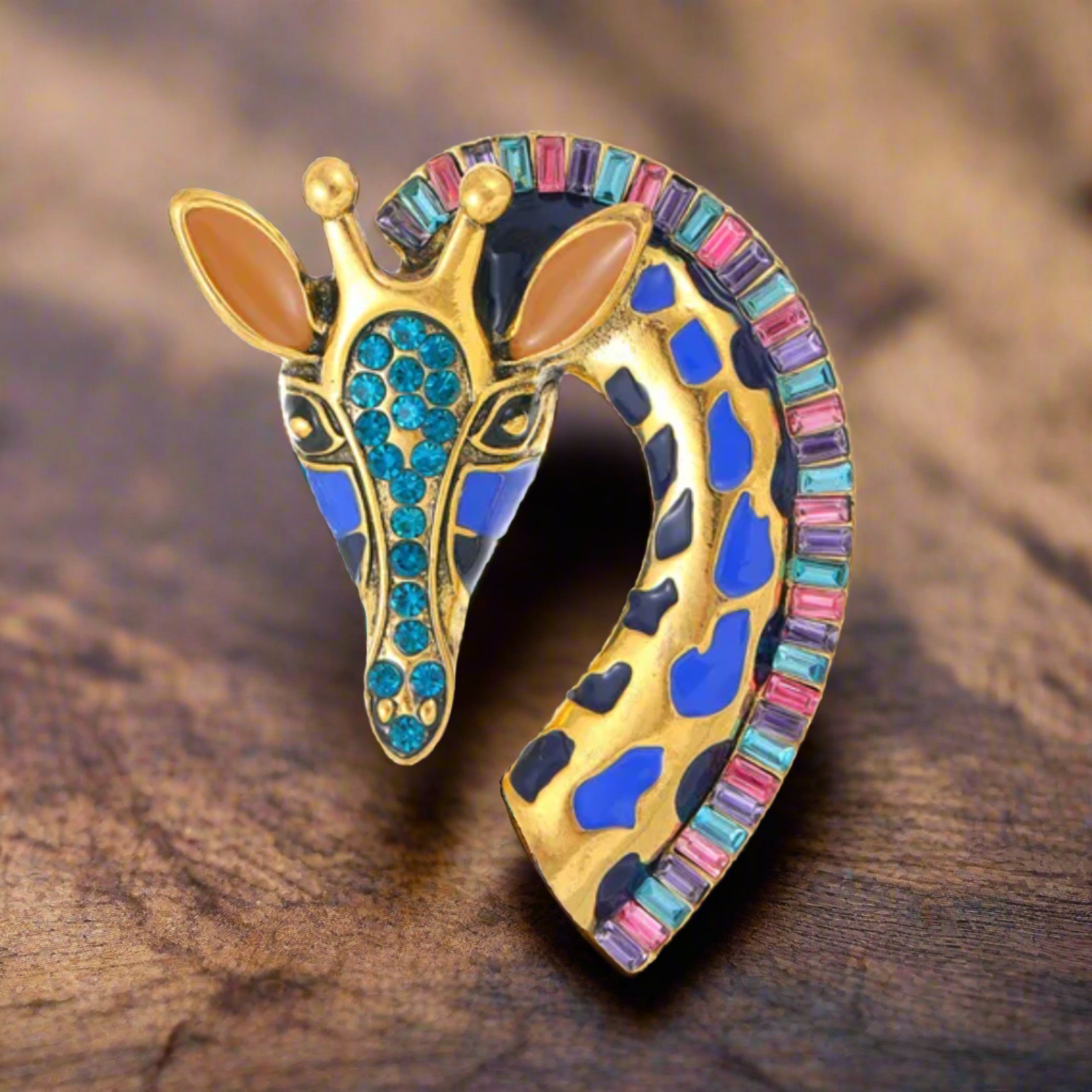 Close-up of the Giraffe Lapel Pin highlighting rhinestone details