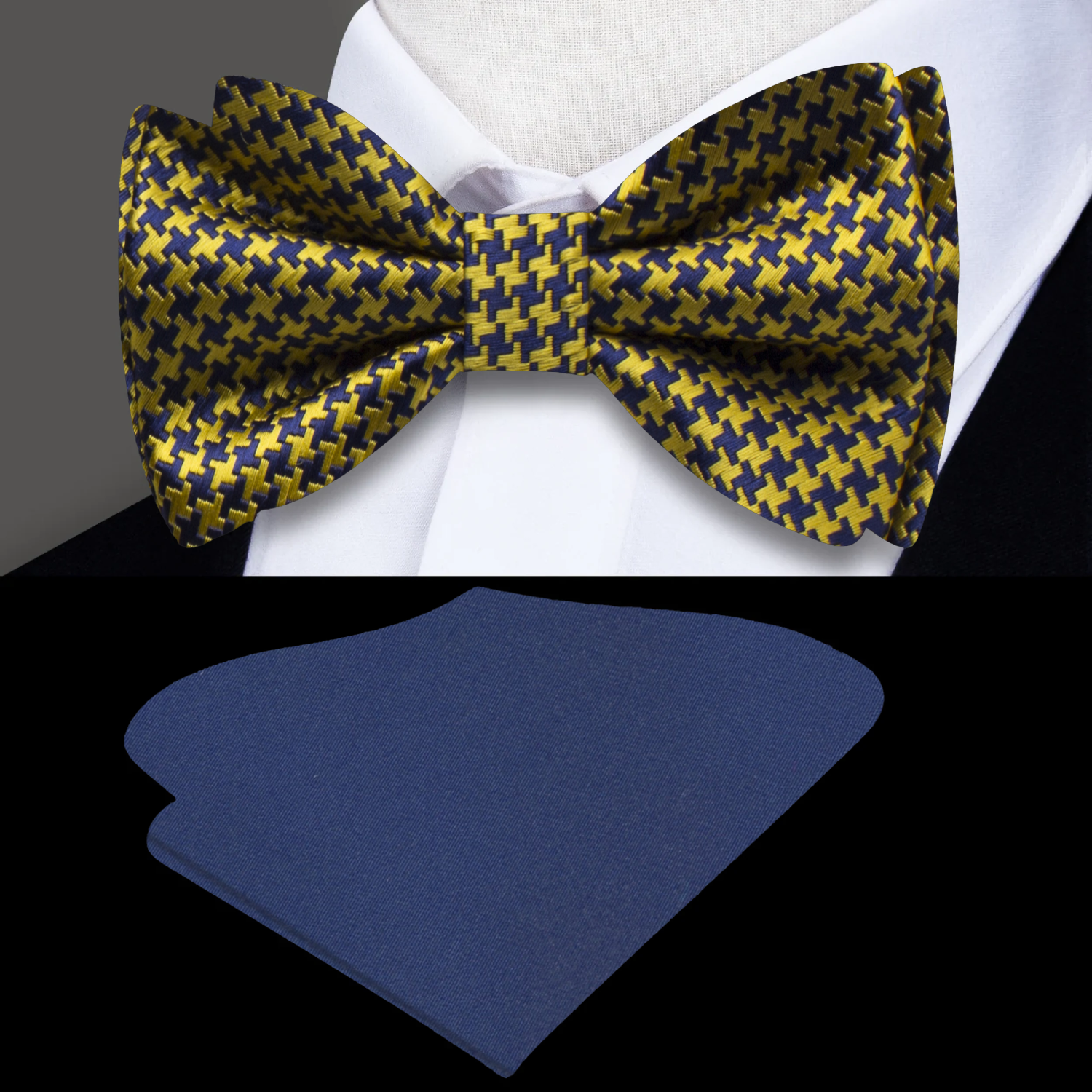 Self-tie houndstooth silk bow tie paired with a navy suit for wedding attire