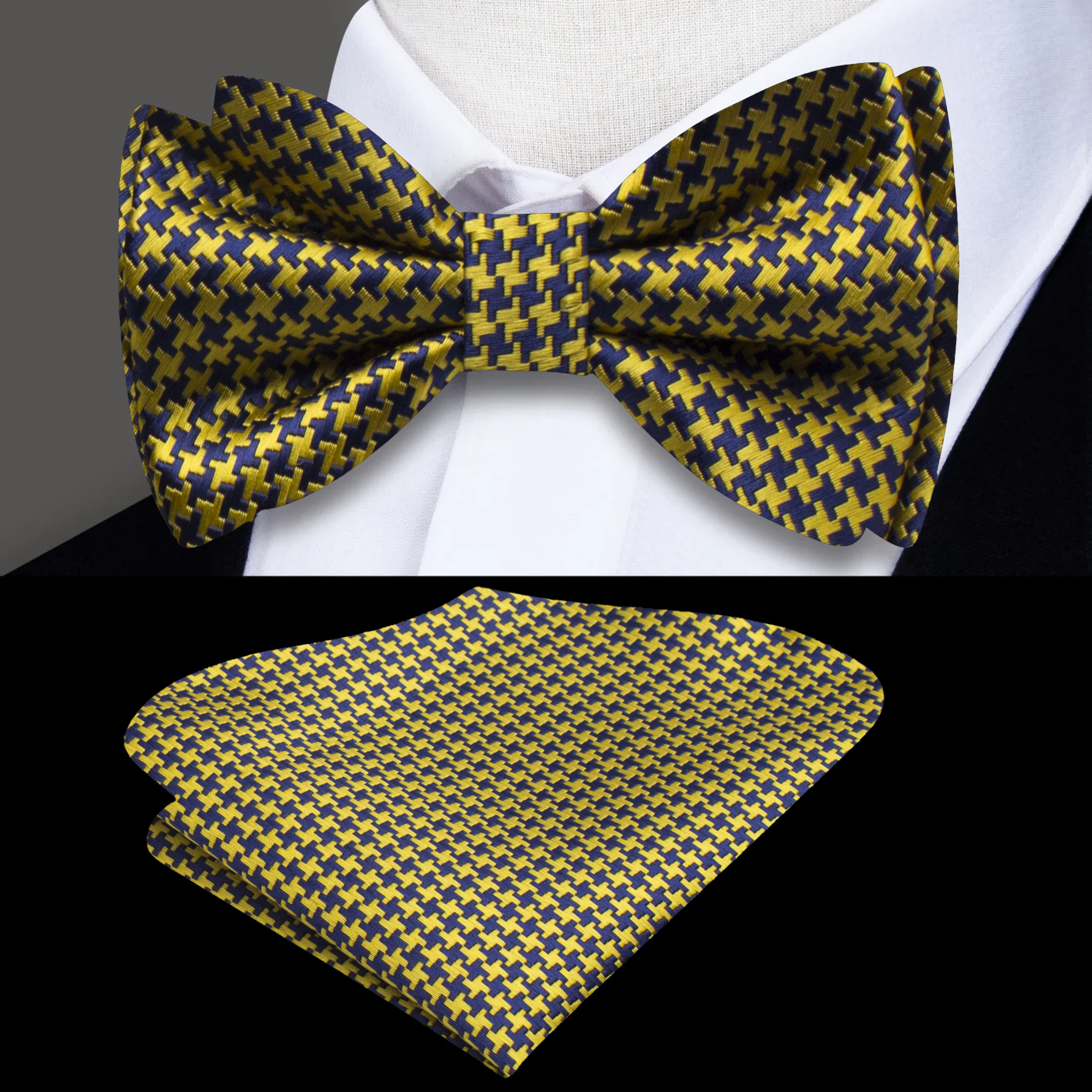 Pre-tied black houndstooth silk bow tie with matching pocket square for upscale gatherings