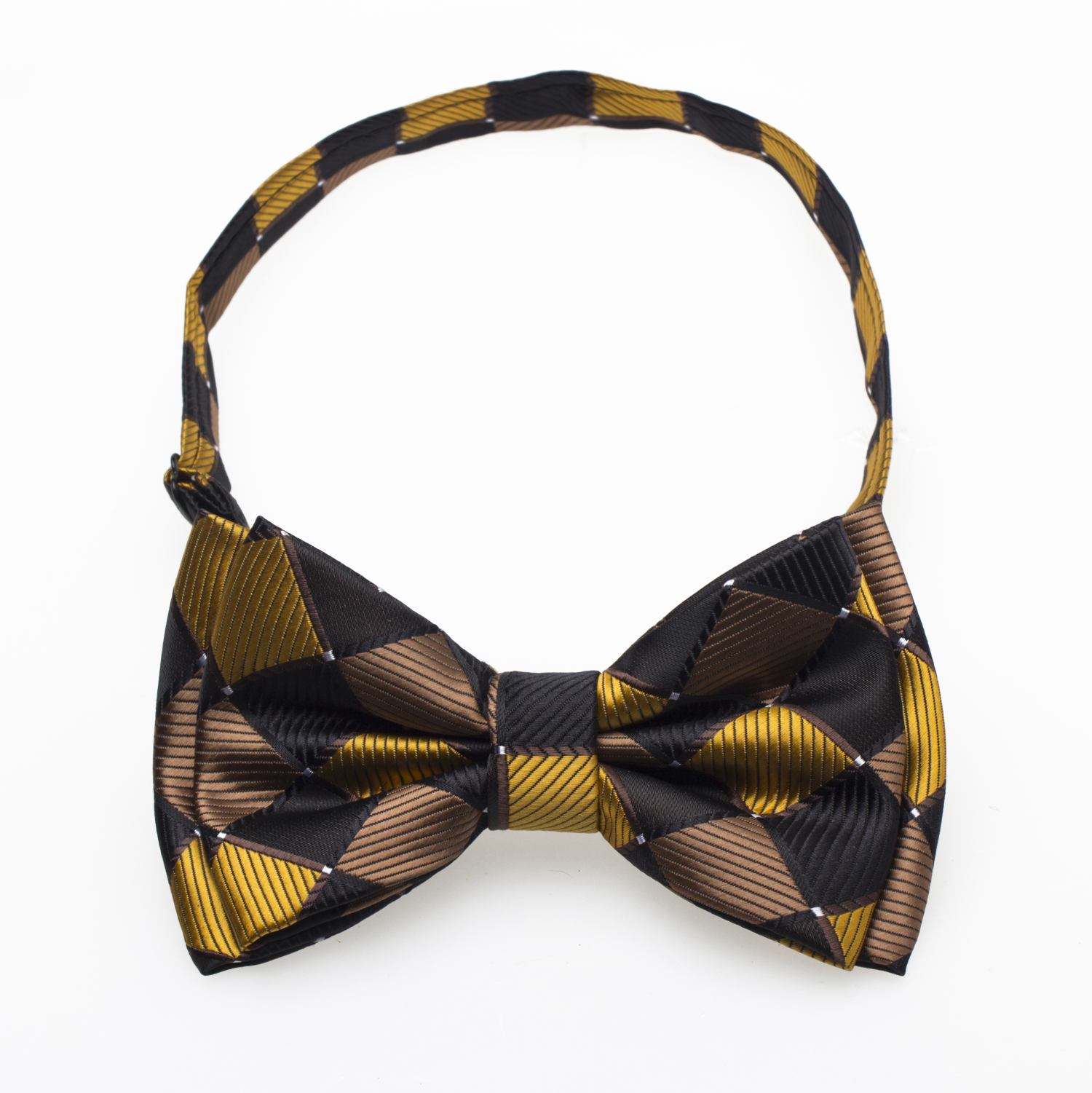 Close-up of bow tie fabric texture showing checkered detail in gold, black, and brown