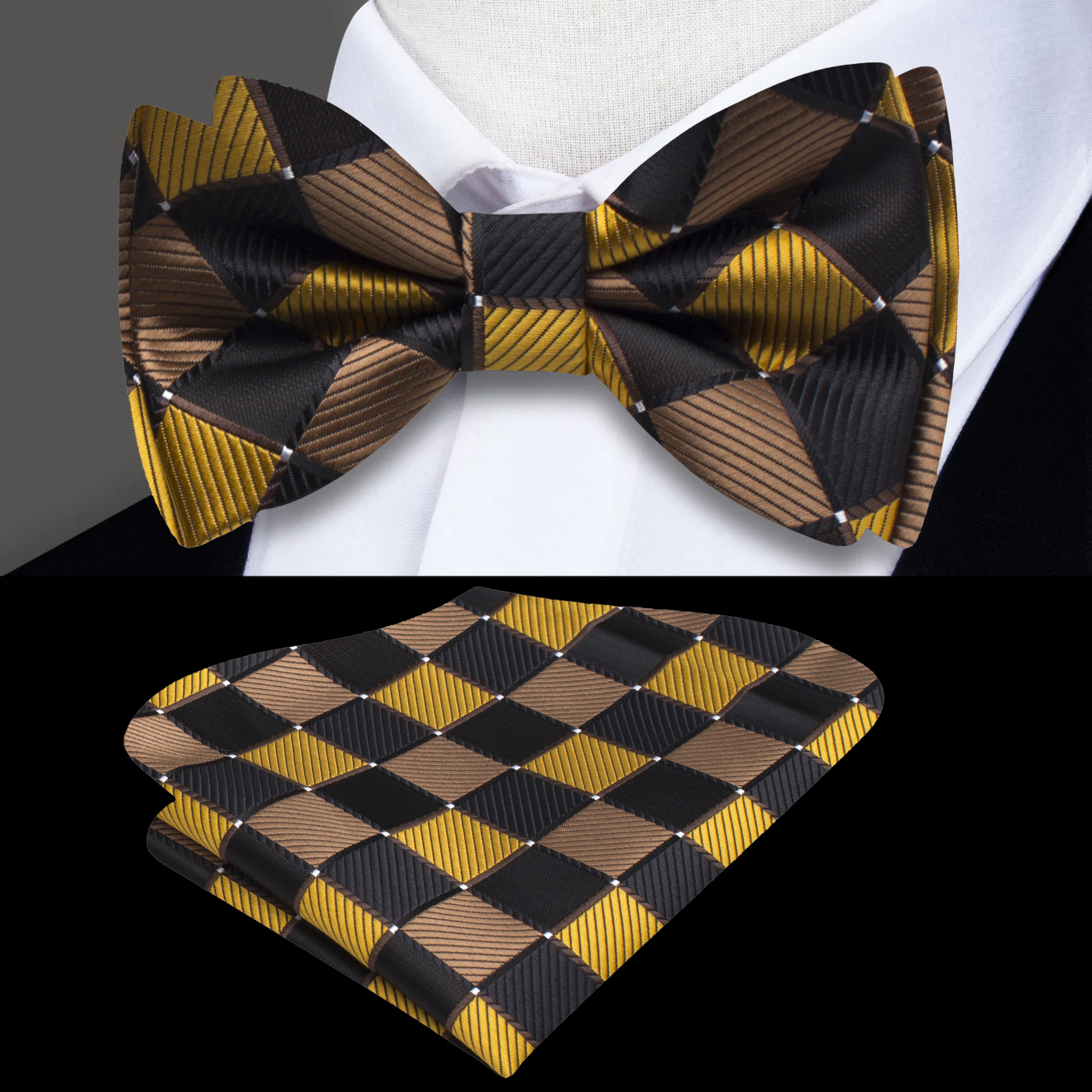 Front-facing view of the gold check kids bow tie set, styled with a white shirt and blazer