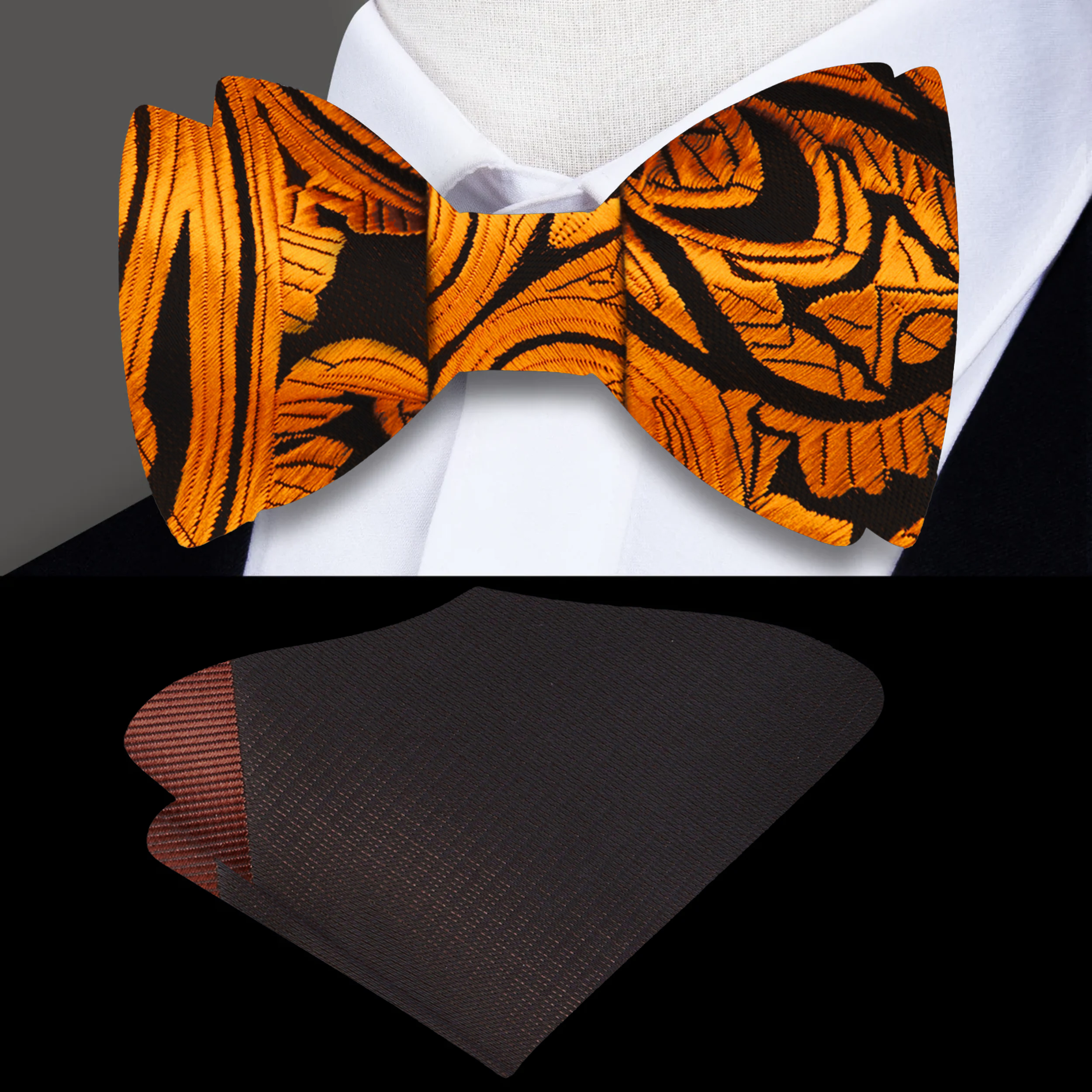 Model wearing the elegant silk paisley bow tie paired with a cream dress shirt