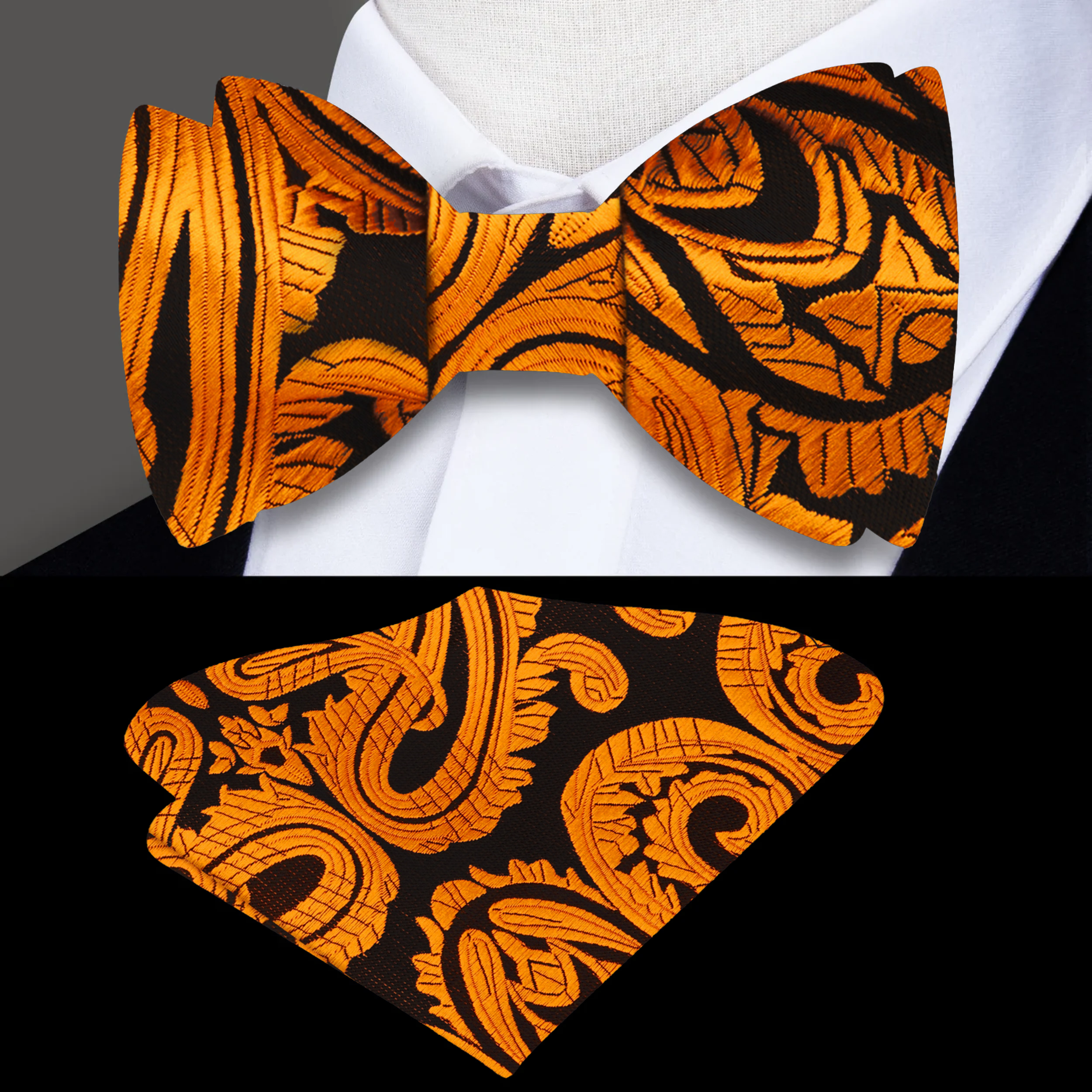 Front view of the silk paisley bow tie styled with a tuxedo for formal occasions