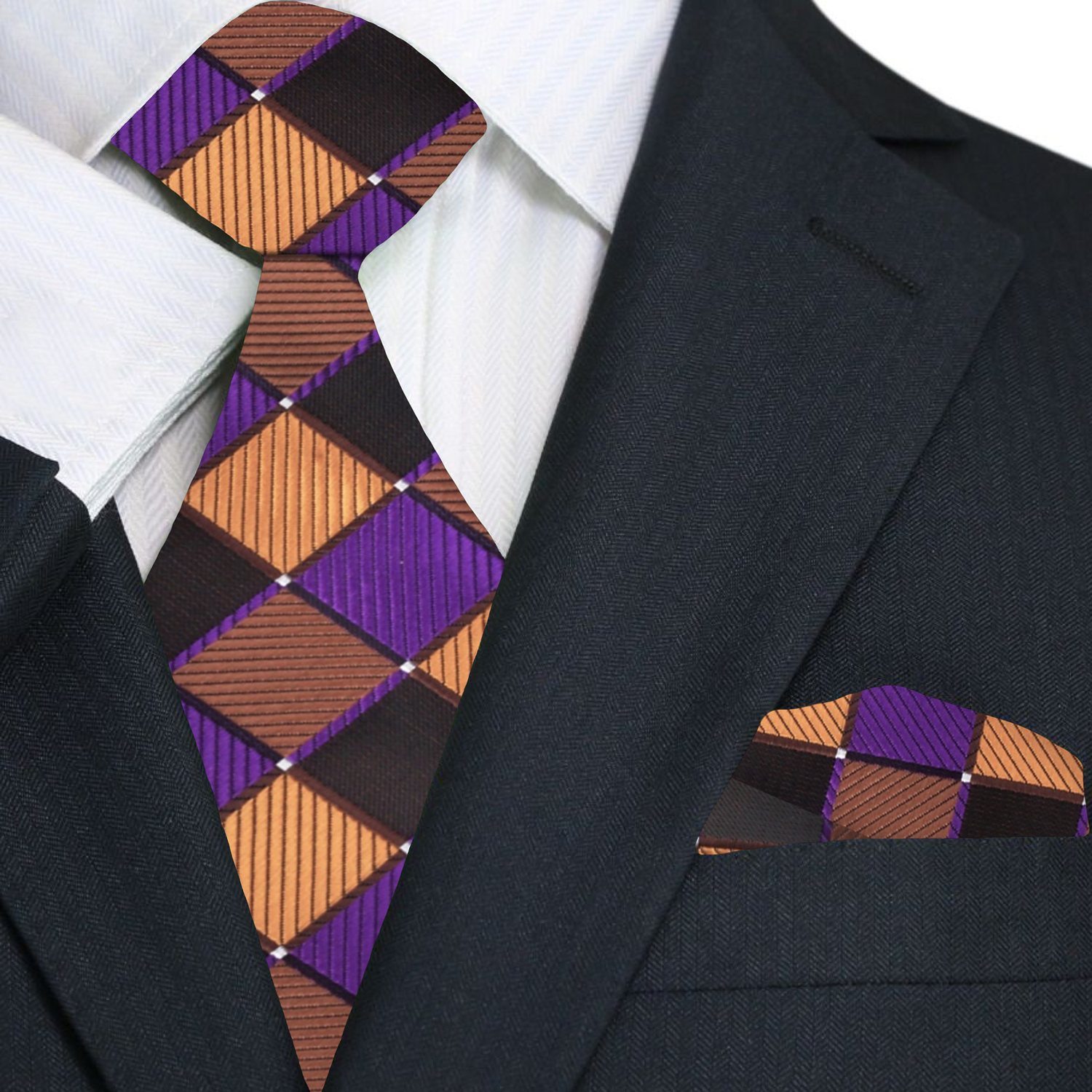 Close-up of Velisandre silk tie showing geometric diamond pattern in gold, purple, and brown