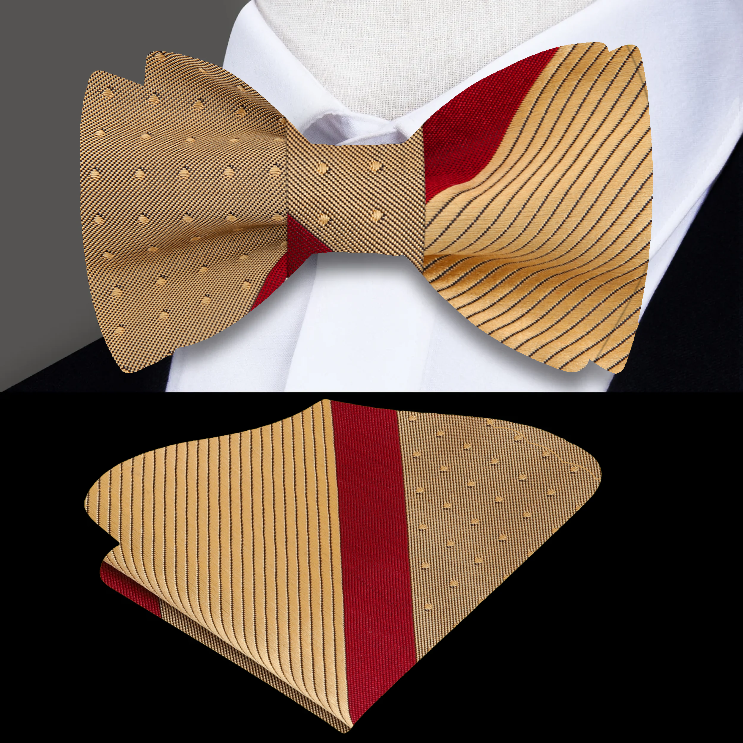 Close-up angle of modern grey bow tie for business attire, highlighting sleek texture and stripe pattern.