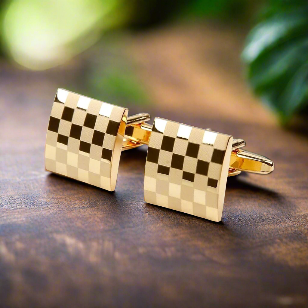 Elegant cufflinks showcased on a navy blue suit