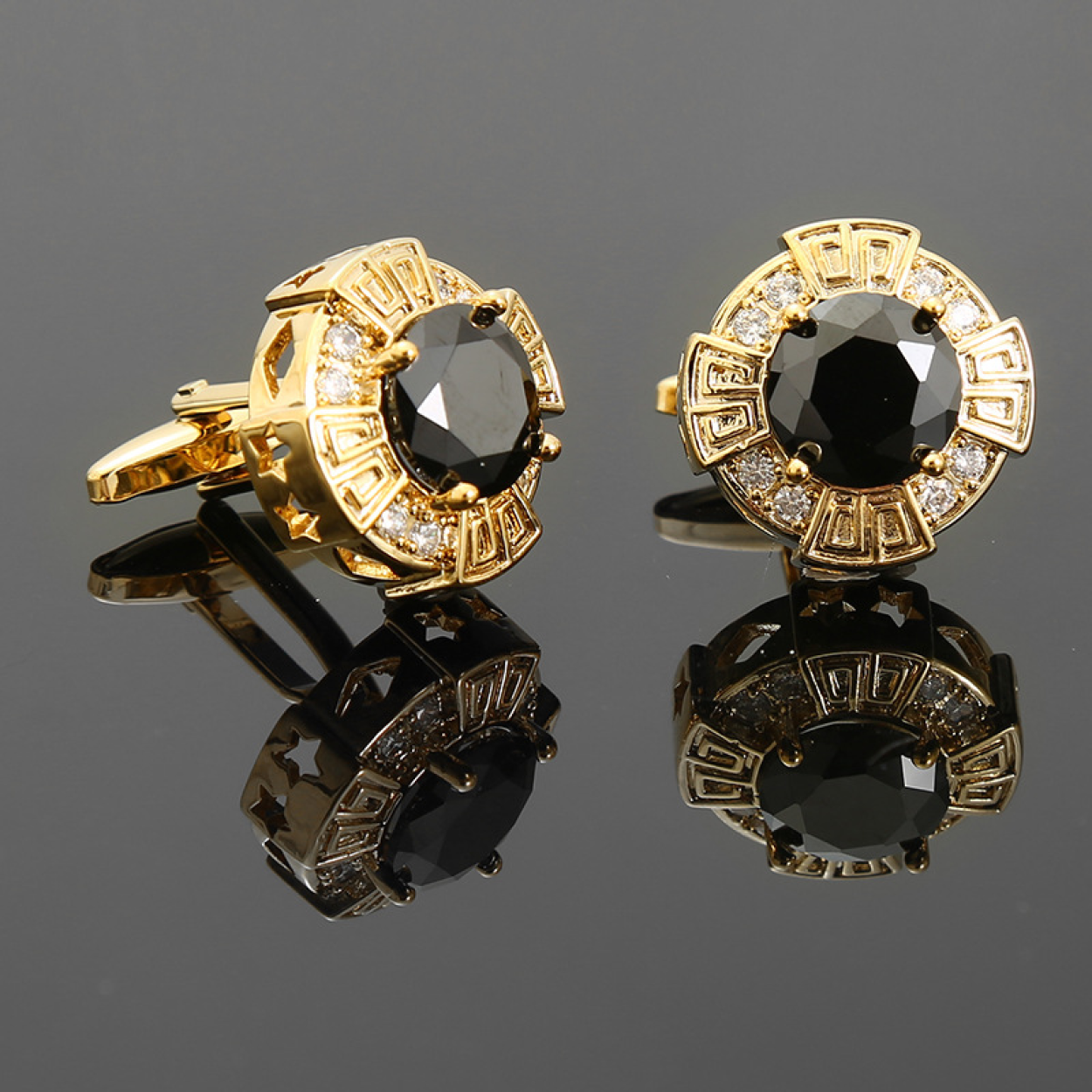Close-up of chrome cufflinks showcasing vibrant glass accents