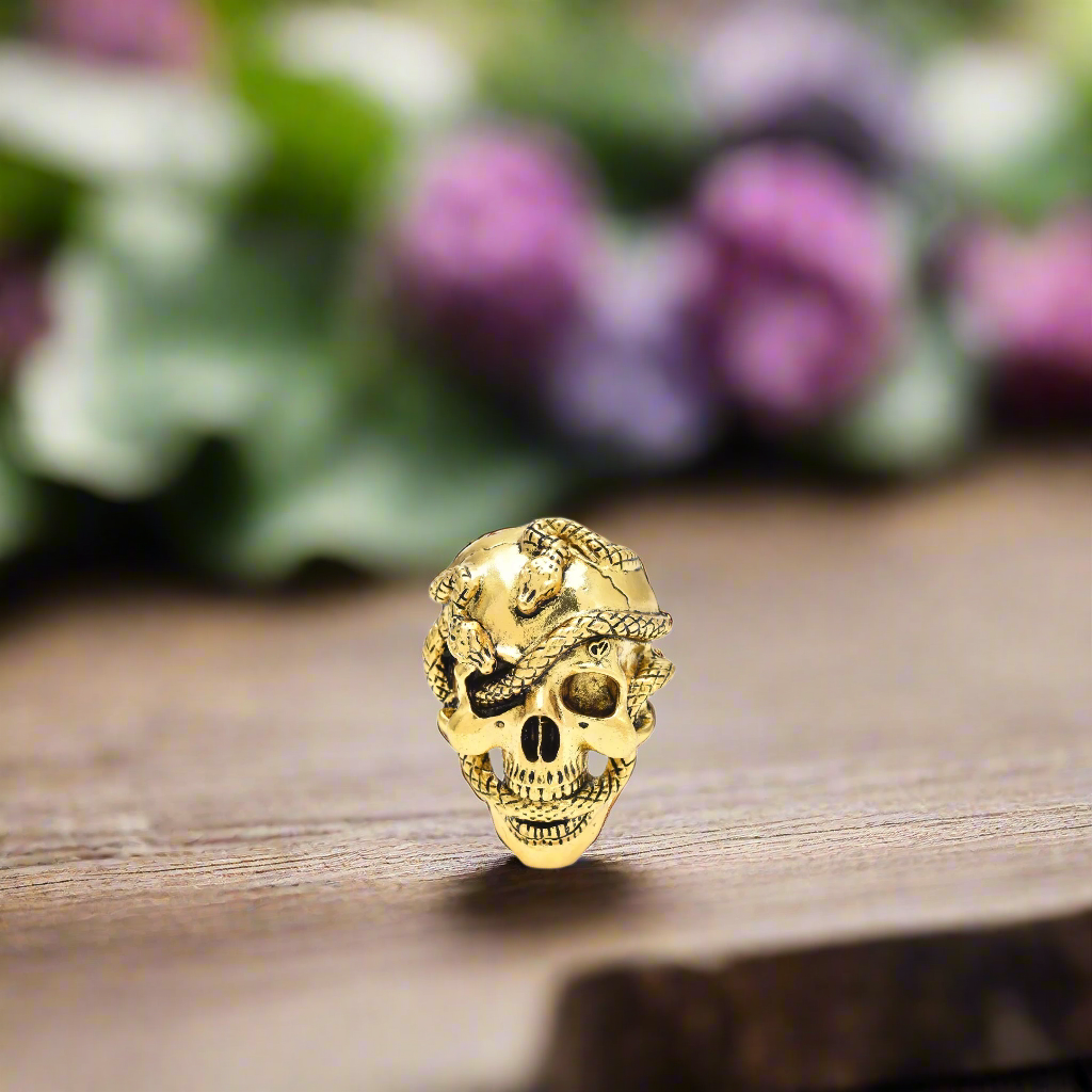 Close-up of the gothic skull lapel pin in silver finish, showcasing its intricate details.