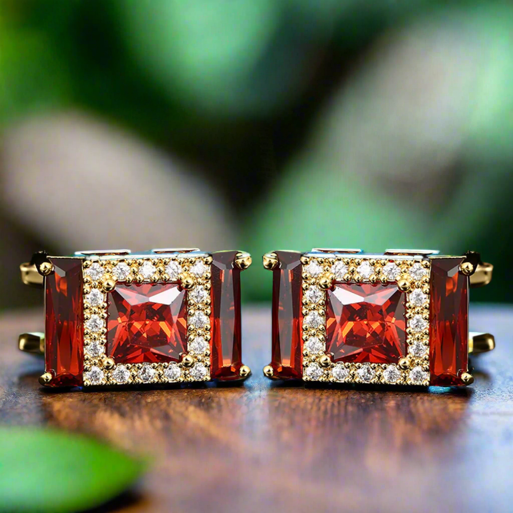 Rectangular gemstone cufflinks in rich red, perfect for formal attire.