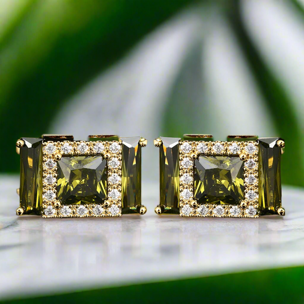 Chrome gemstone cufflinks with yellow green stones, ideal for a stylish look.