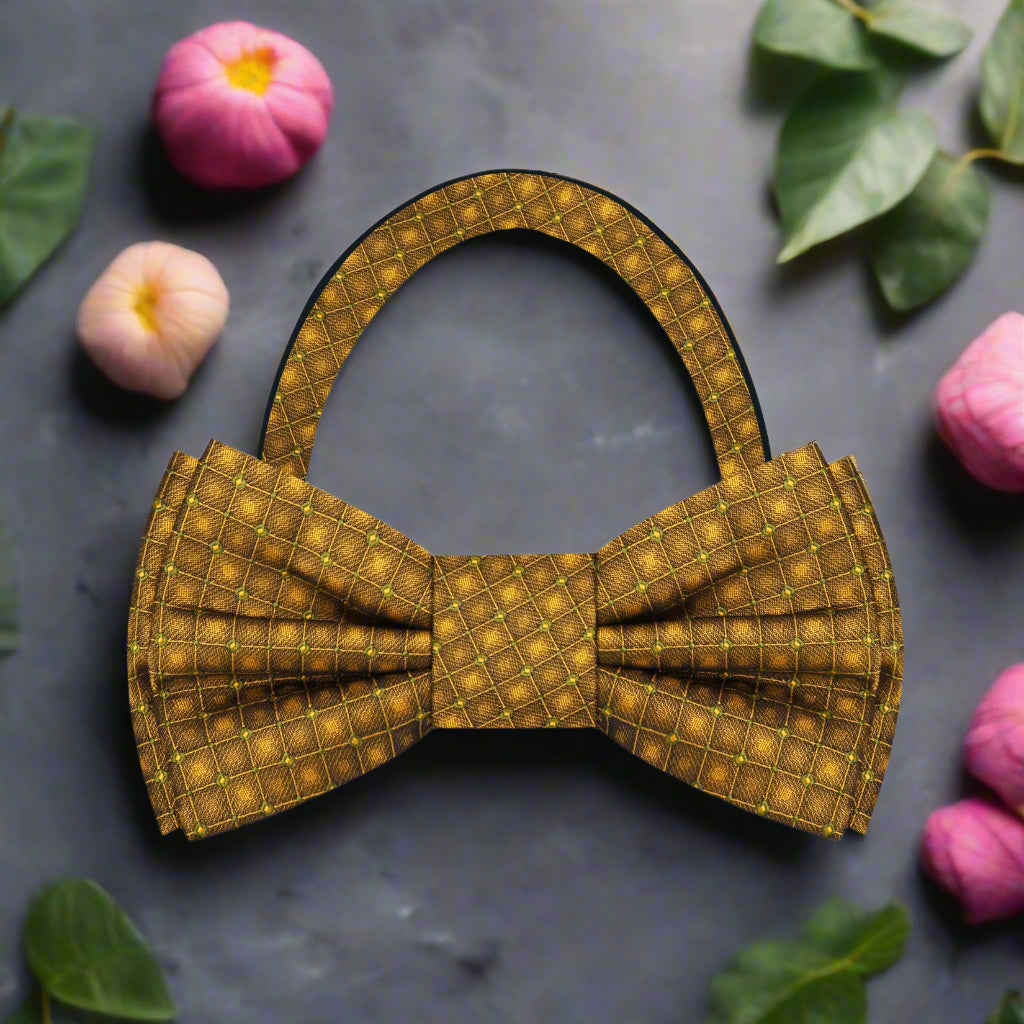 Golden brown geometric bow tie on a white shirt, showcasing its stylish design.