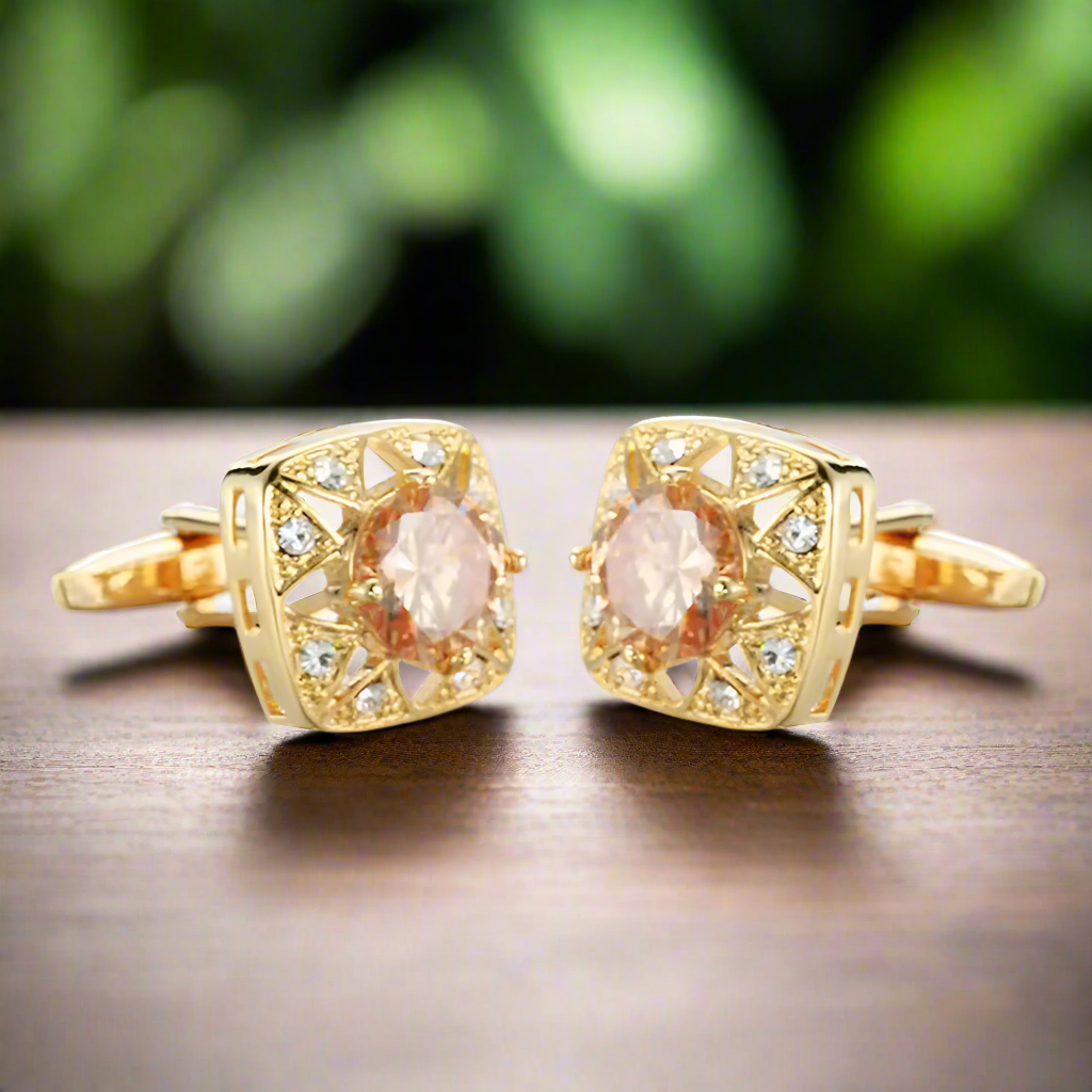 Close-up of square cufflinks showing detailed craftsmanship and shine