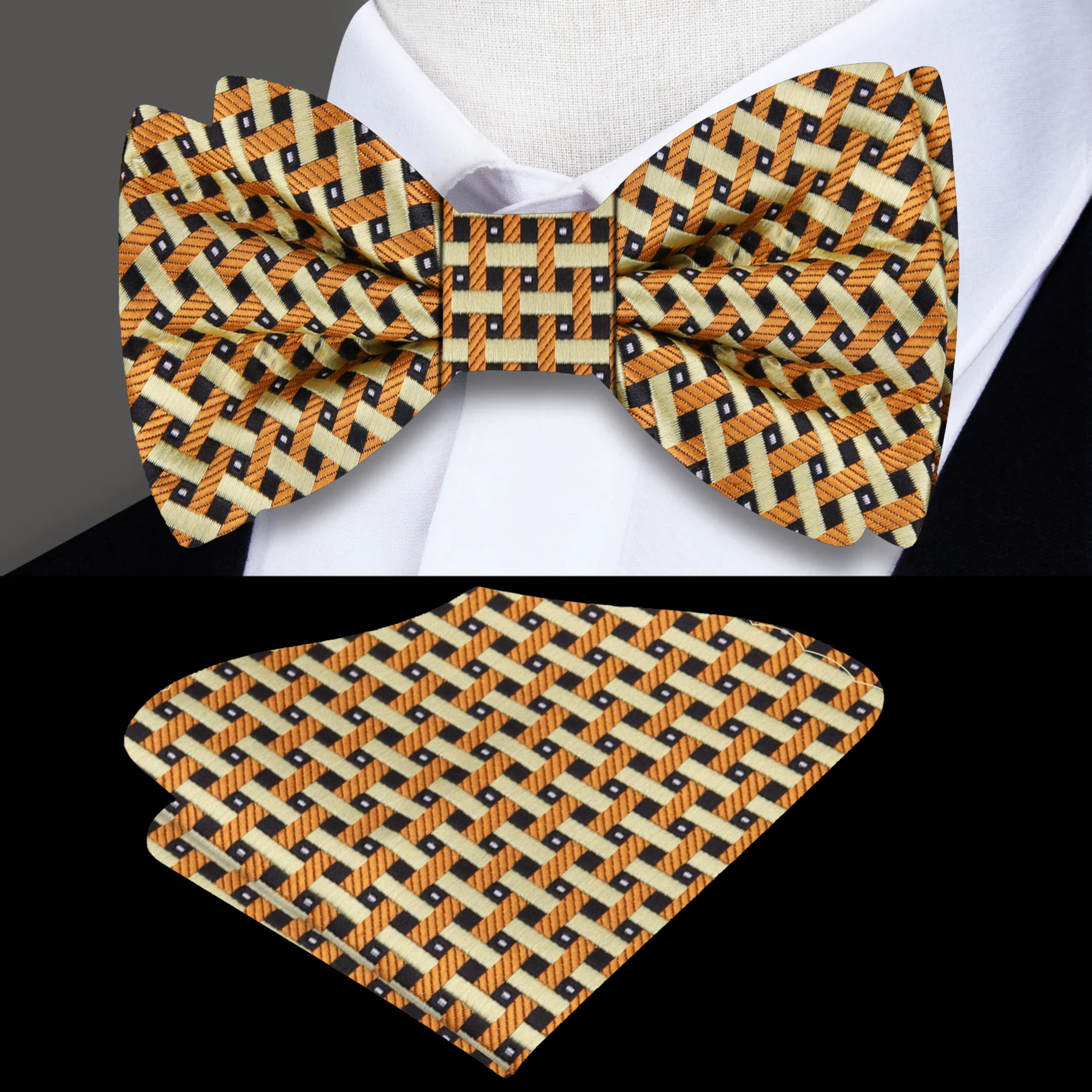Close-up view of the metallic gold geometric bow tie against a black suit, showcasing its intricate design.