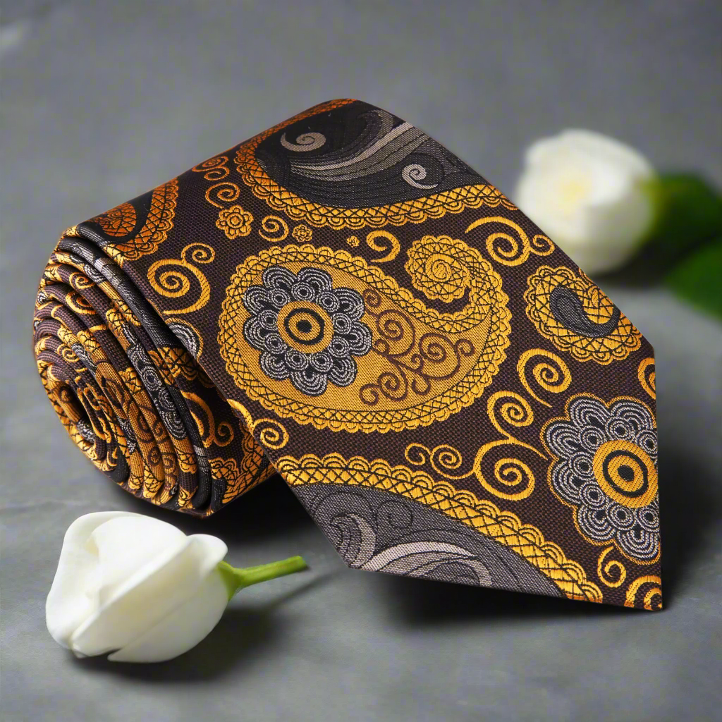 Elegant gold and brown paisley silk tie displayed against a white background.