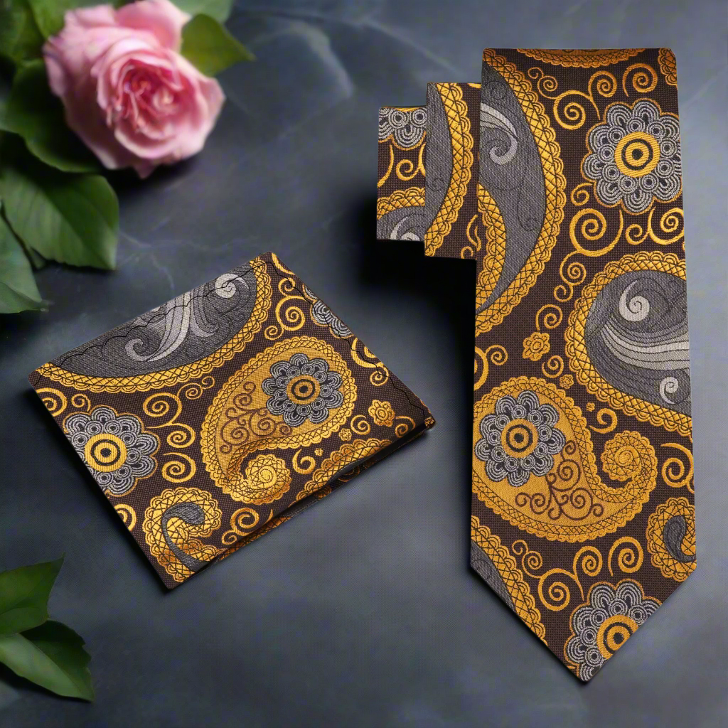 Close-up of the intricate paisley pattern on the luxurious silk tie.